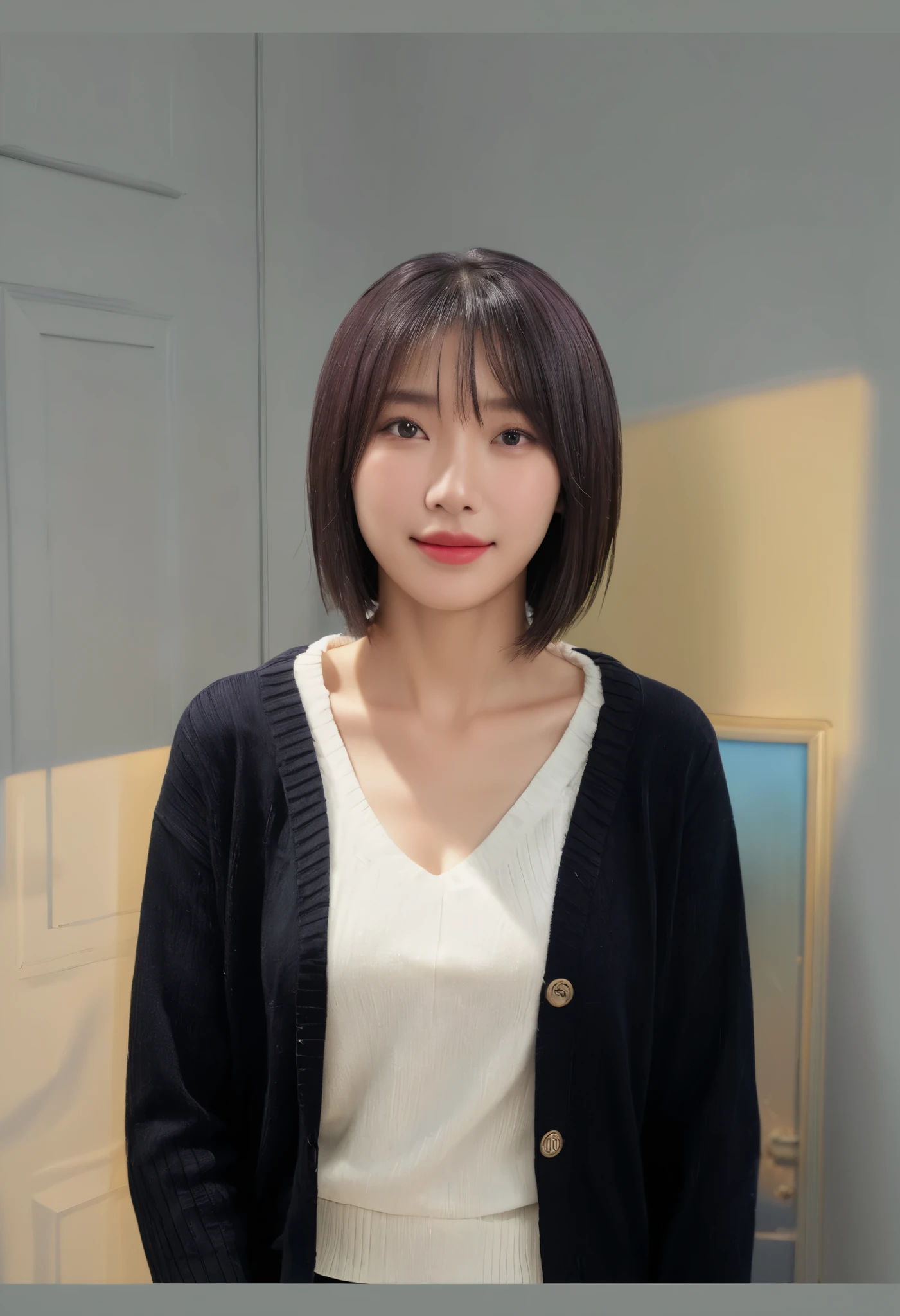 Best Quality, 8k, Masterpiece, (Portrait: 1.3), (photo realistic:1.4), (hyper realistic:1.4), Sharp Focus, looking at viewer,
(smoother lighting:1.1), (increase cinematic lighting quality:0.9), realistic lighting, backlighting, light on face, ray trace,
(brightening light:1.2), (Increase quality:1.4), sharp detail, (best quality real texture skin:1.4), finely detailed eyes,
black_eyes, finely detailed face, 20 year old Korean woman, smiling_face