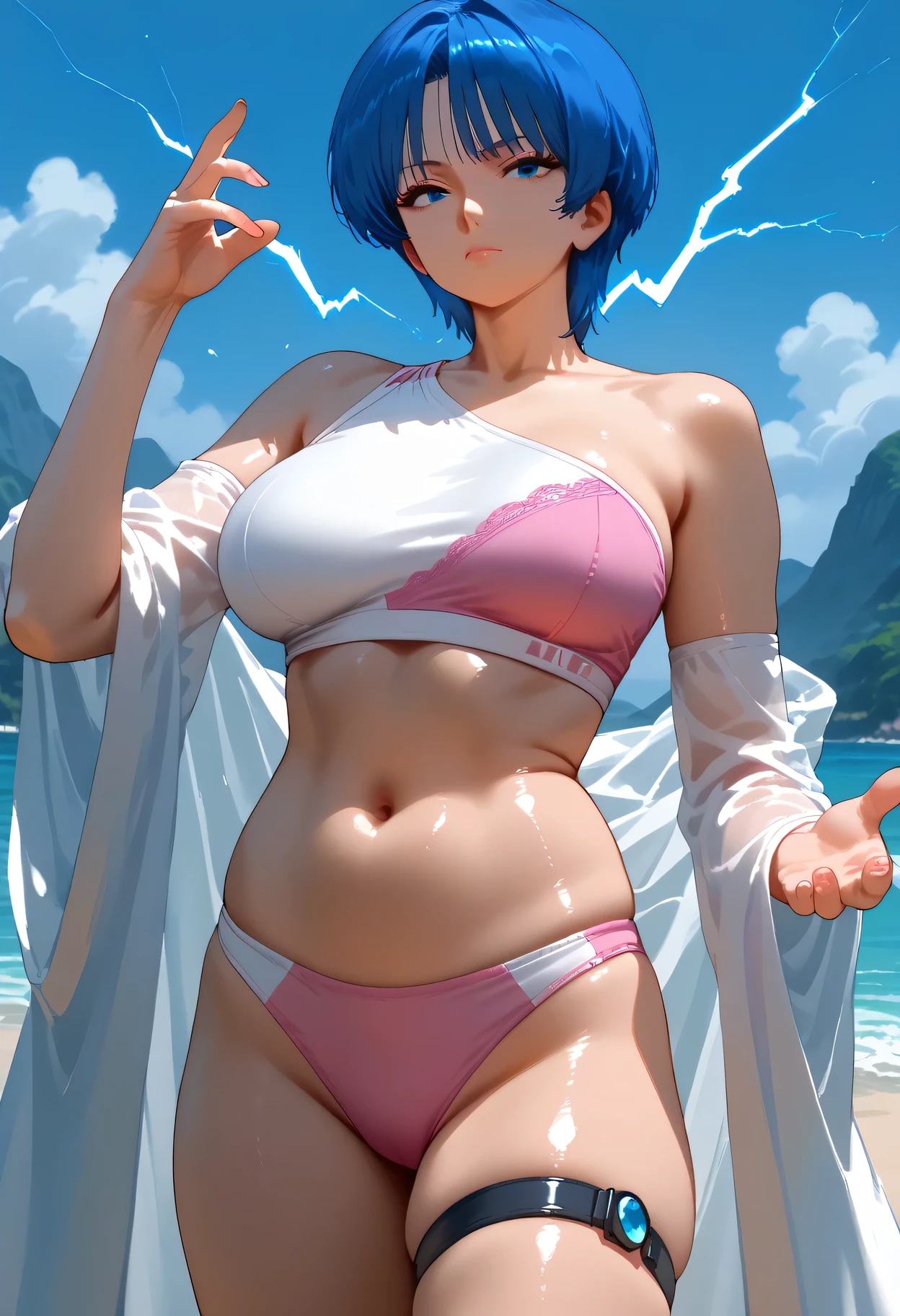 NSFW,((anime colorin:1.2)),((From her fingertips electricity)), closed mouth, Her hairstyle is short bob,((Trim her bangs)),blue hair color, ((large breasts)),curvy,inverted triangle face,Well-balanced limbs, gramer body, long limbs,1mature, ((outdoor:1.2)), sexy action pose,AOI YUME Masakazu Katsura drowning,((1mature:1.2 )), anime,Masakazu Katsura, AOI YUME、(looking at from the front), Look at the camera,(1mature), AOI YUME,close mouth , 1mature, alone, Aoi Yume, see-through boots, transparent boots knee boots, navel, thigh strap, midriff, large breasts, Bra,white and pink Bra, sports Bra, panties, WHITE AND PINK PANTIE ,( bare one shoulders:1.48), (detached sleeves),She can use superpowers,Transparent vinyl cloak, the cloak is transparent