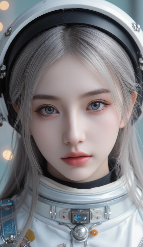 (Close-up of a better masterpiece:1.5)0.9], (Space and astronauts:1.2) (Messy silver hair:1.1) (Heterochromia xanthochromia and blue eyes:1.2) (Space Helmet:1.0) (Colored stars in the eyes:1.0) (A radiant glow:1.1) (thick lips:0.9)
