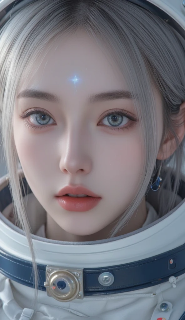 (Close-up of a better masterpiece:1.5)0.9], (Space and astronauts:1.2) (Messy silver hair:1.1) (Heterochromia xanthochromia and blue eyes:1.2) (Space Helmet:1.0) (Colored stars in the eyes:1.0) (A radiant glow:1.1) (thick lips:0.9)