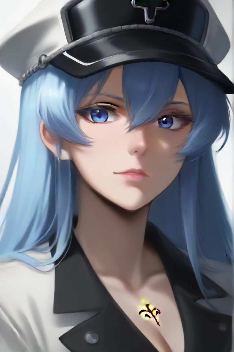 1girl, solo, Esdeath, mature female, adult, blue eyes, blue hair, long hair, hat, peaked cap, cleavage, large breasts, military uniform, military, uniform, choker, chest tattoo, upper body, standing, outdoors, nature, night, anime screencap, depth of field