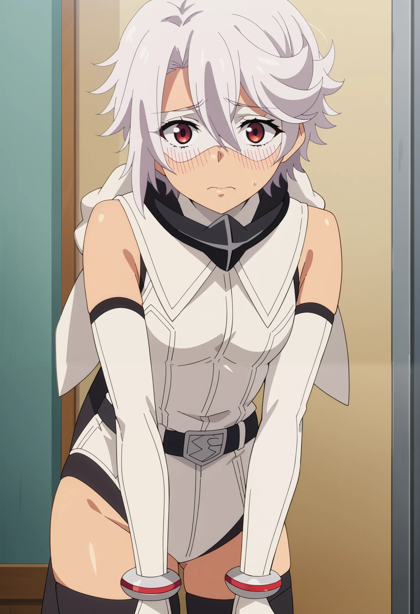 1girl, solo, short hair, White hair, red eyes, eye mask, leotard, sleeveless, belt, elbow gloves, white gloves, bracelet, thighhighs, thigh boots, Hood, ((hood up)), indoors, room, female focus, shy look, looking at viewer, blush, slanting, anime screencap score_9, score_8_up, score_7_up, score_6_up, score_5_up, score_4_up, BREAK source_anime, masterpiece
