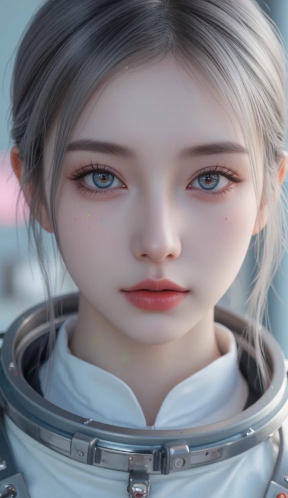 (Close-up of a better masterpiece:1.5)0.9], (Space and astronauts:1.2) (Messy silver hair:1.1) (Heterochromia xanthochromia and blue eyes:1.2) (Space Helmet:1.0) (Colored stars in the eyes:1.0) (A radiant glow:1.1) (thick lips:0.9)