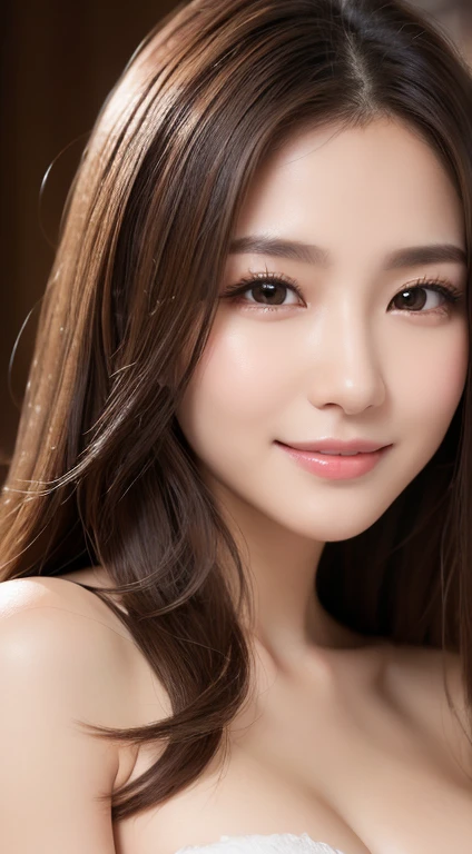 Brown Hair,Medium Hair,20-year-old female, Small nose, With the correct face, Cute natural smile, Japanese facial features, A clean and cute face, Cute realistic portrait, Asian Face, 8K Photo, Soft Makeup,Natural skin texture,Raw photo,highest quality,Full Body Shot,Showcasing cleavage,Seductive pose