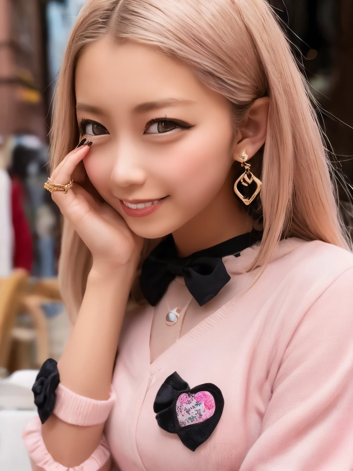 1 girl, gals,compensate,smile,(Golden, pink hair, Bicolor Hair ), long hair,On two sides, black bow,blue eyes, BREAK jirai kei ,( side angle , pink shirt, uses a ,Frillsed sleeves),Frills, black bowtie,black skirt,Heart Brooch,heart earrings,ring, nail polish,pink nails,Black nails, black choker ,BREAK closed one eye , happy , heart hand, realistic and beautiful portraits of cute girls, rest The photo wall is the background ,Mr.々I'm introducing stalls selling black bow ties 々 .
