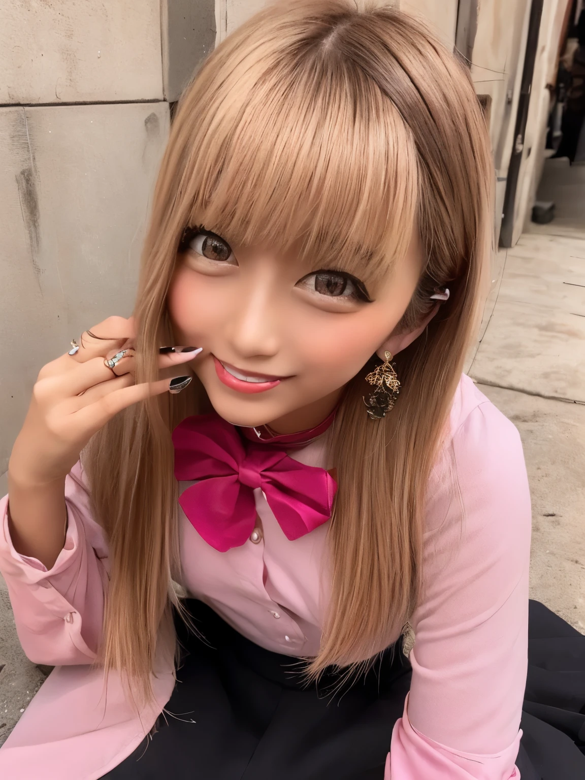 1 girl, gals,compensate,smile,(Golden, pink hair, Bicolor Hair ), long hair,On two sides, black bow,blue eyes, BREAK jirai kei ,( side angle , pink shirt, uses a ,Frillsed sleeves),Frills, black bowtie,black skirt,Heart Brooch,heart earrings,ring, nail polish,pink nails,Black nails, black choker ,BREAK closed one eye , happy , heart hand, realistic and beautiful portraits of cute girls, rest The photo wall is the background ,Mr.々I'm introducing stalls selling black bow ties 々 .