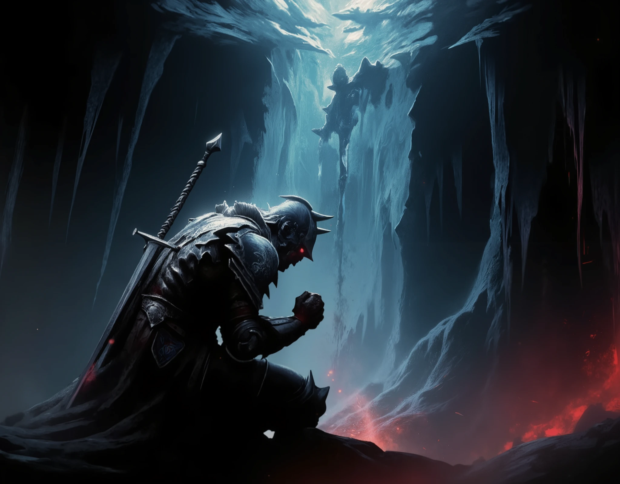  Action RPG , game package design ,( dark soul style :2.0), from the software game ,( Dark Souls Art :2.0), The knight holds a sword in his left hand , The knight clasps his right hand,The knight is on one knee , the background is the abyss and light that can shine through , from side,(騎士の from sideのクローズアップ:2.0),Abyss Helmet , Abyss Armor ,The Great Sword of the Abyss ,( Dark Fantasy),( Blue and Red Miasma :2.0)
