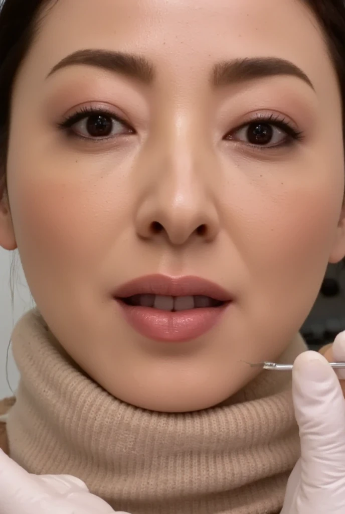 Nude, ((details of a very beautiful face:1.4)), ((Ultra-realistic最high quality))16k resolution, ((photo realistic:1.55)), (1girl:1.4) 21years old、fashion supermodel、cinematic lighting, (Increase quality:1.2), (best quality real texture skin:1.2), (ultra detailed eyes:1.2)), pink_makeup:1.25, long_blue_eyeliner:1.2, (red_lipstick:1.32), ((brown_eyes:1.35)) perfect dark_eyeshadows:1.3, ((matte skin:1.45))、 a vaginal_chrome(_big_dildo_), sticking out of her vagina:1.23)))、 ((opened uterus)), ((exposed naked uterus)),