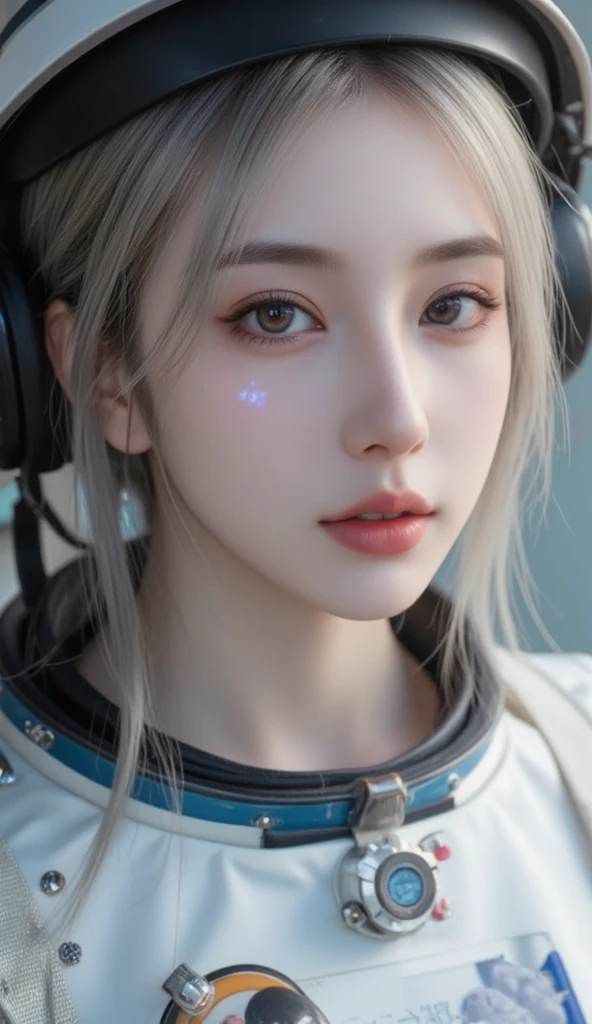 (Close-up of a better masterpiece:1.5)0.9], (Space and astronauts:1.2) (Messy silver hair:1.1) (Heterochromia xanthochromia and blue eyes:1.2) (Space Helmet:1.0) (Colored stars in the eyes:1.0) (A radiant glow:1.1) (thick lips:0.9)