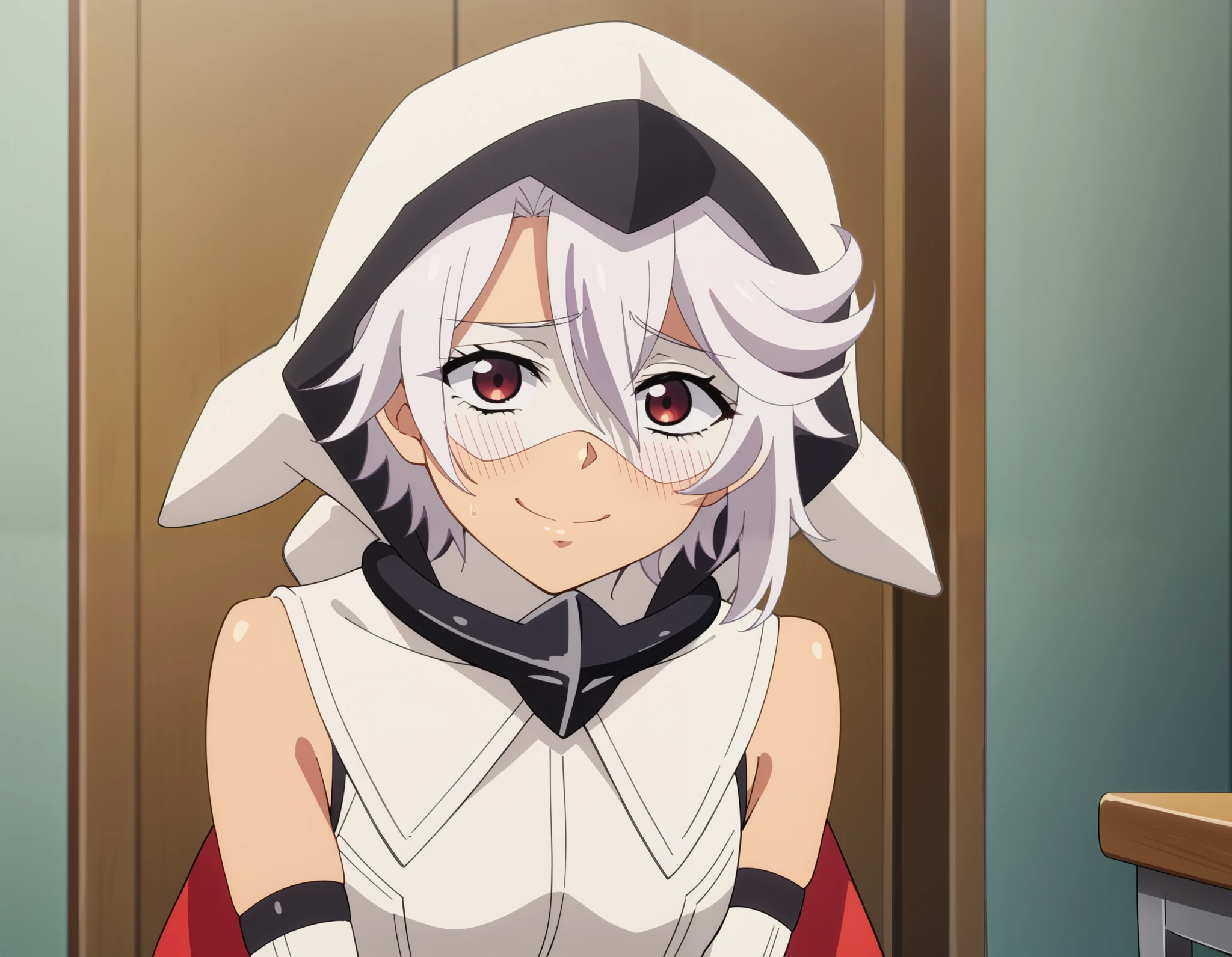 1girl, solo, short hair, White hair, red eyes, eye mask, leotard, sleeveless, belt, elbow gloves, white gloves, bracelet, thighhighs, thigh boots, Hood, ((hood up)), indoors, room, female focus, smile, shy look, looking at viewer, blush, slanting, anime screencap score_9, score_8_up, score_7_up, score_6_up, score_5_up, score_4_up, BREAK source_anime, masterpiece