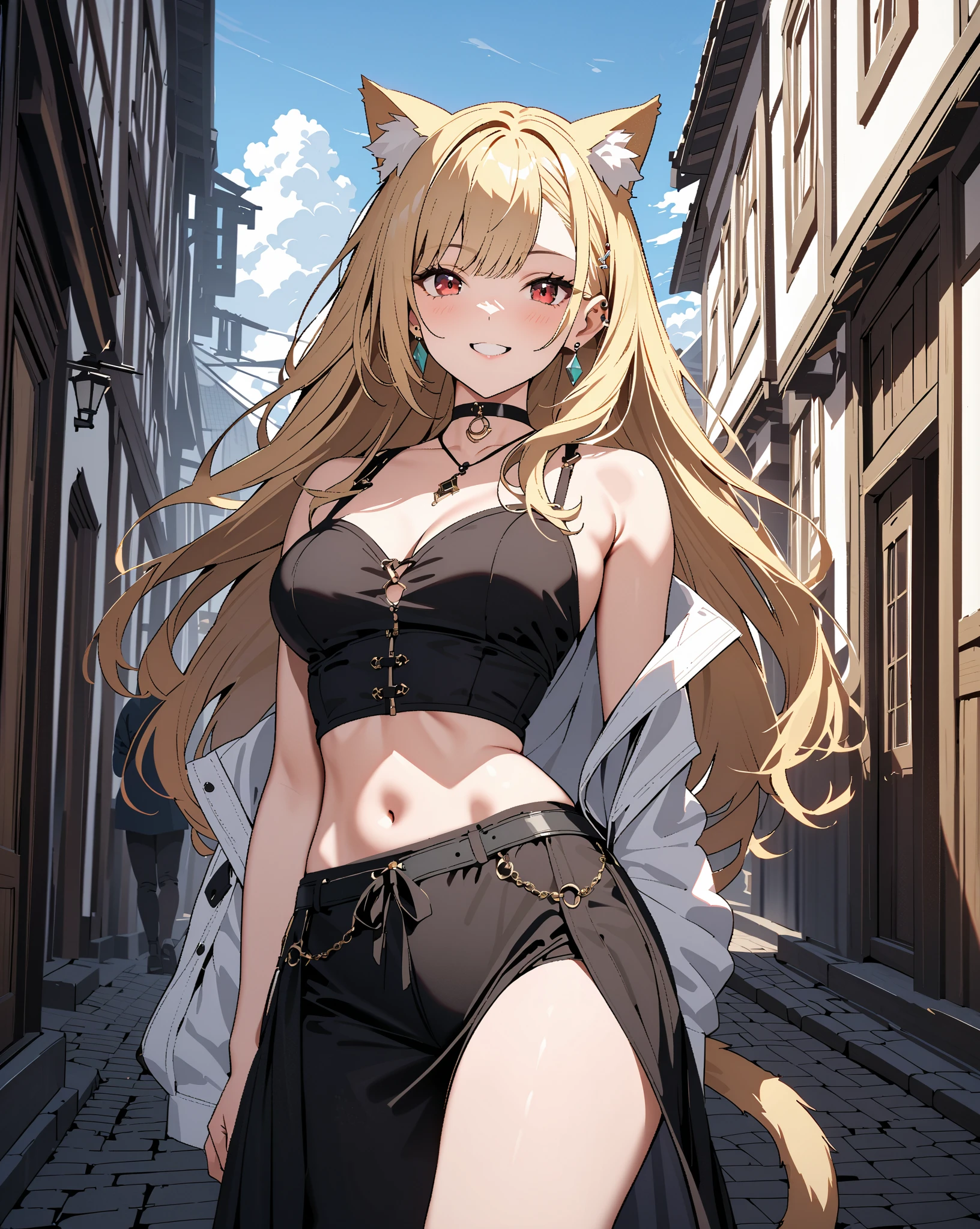 (One Woman),(Anime girl with medium hair and green eyes posing in a red bra top and black shorts),A woman wearing clothes that reveal her belly button,Blonde anime girl with medium hair,(happy smile),(Large Breasts:1.4), Beautiful and attractive anime woman, Beautiful Anime Woman, ArtJam.(Cat ear),(Cat girl),Black jacket