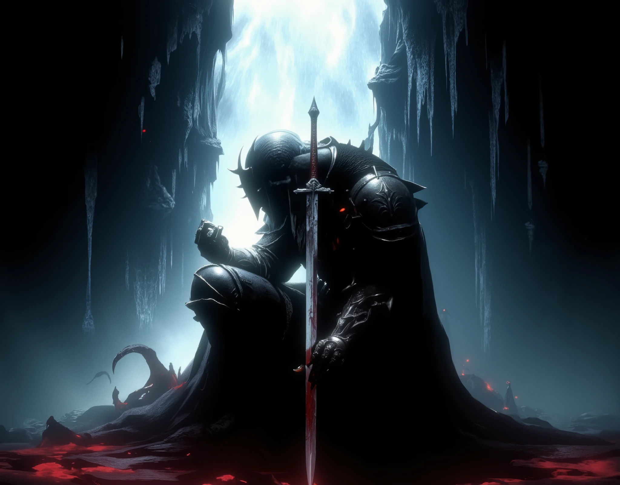  Action RPG , game package design ,( dark soul style :2.0), from the software game ,( Dark Souls Art :2.0), the knight is holding a sword in his left hand , the knight is clasping his right hand,The knight is on one knee , the background is the abyss and light that can shine through , from side,(騎士の from sideのクローズアップ:2.0),Abyss Helmet , Abyss Armor ,The Great Sword of the Abyss ,( Dark Fantasy),( Blue and Red Miasma :2.0)
