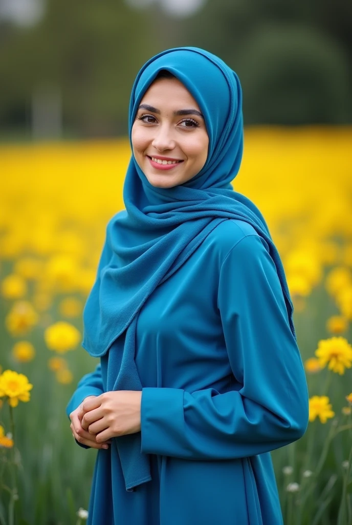Hijab ,middle Eastern, 20 yo , in the jungle, smile, white scarf ,light blue dress, sexy