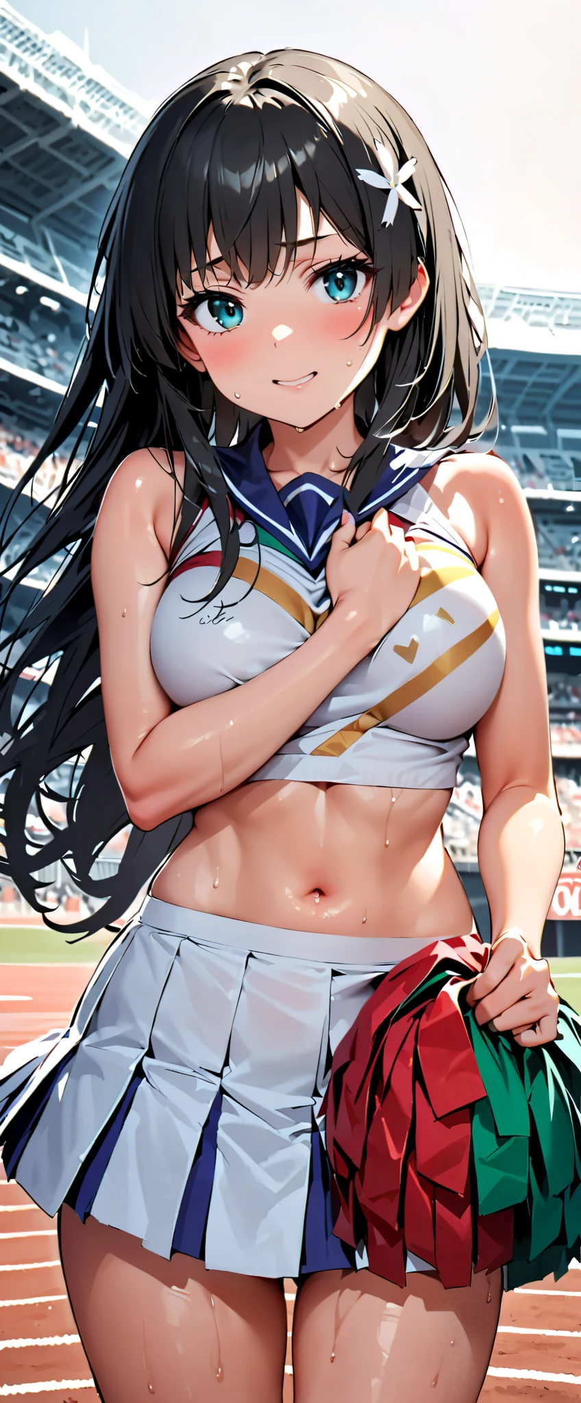 (Masterpiece, best quality , super A high resolution),Japanese woman alone, ((( very pretty girl))), Cute Girl 、Staring at the photographer、 (()), very cute face, glossy lips, , natural smile 、 natural cosmetics, long lashes, Glossy smooth hair、, Perfect Limbs , Complete anatomy,(((Shining cheer uniforms, cheerleader, cheerleader, tube top)))) Stadium,Saten Ruiko, is sweaty,((( tube top)))Gloss Lip