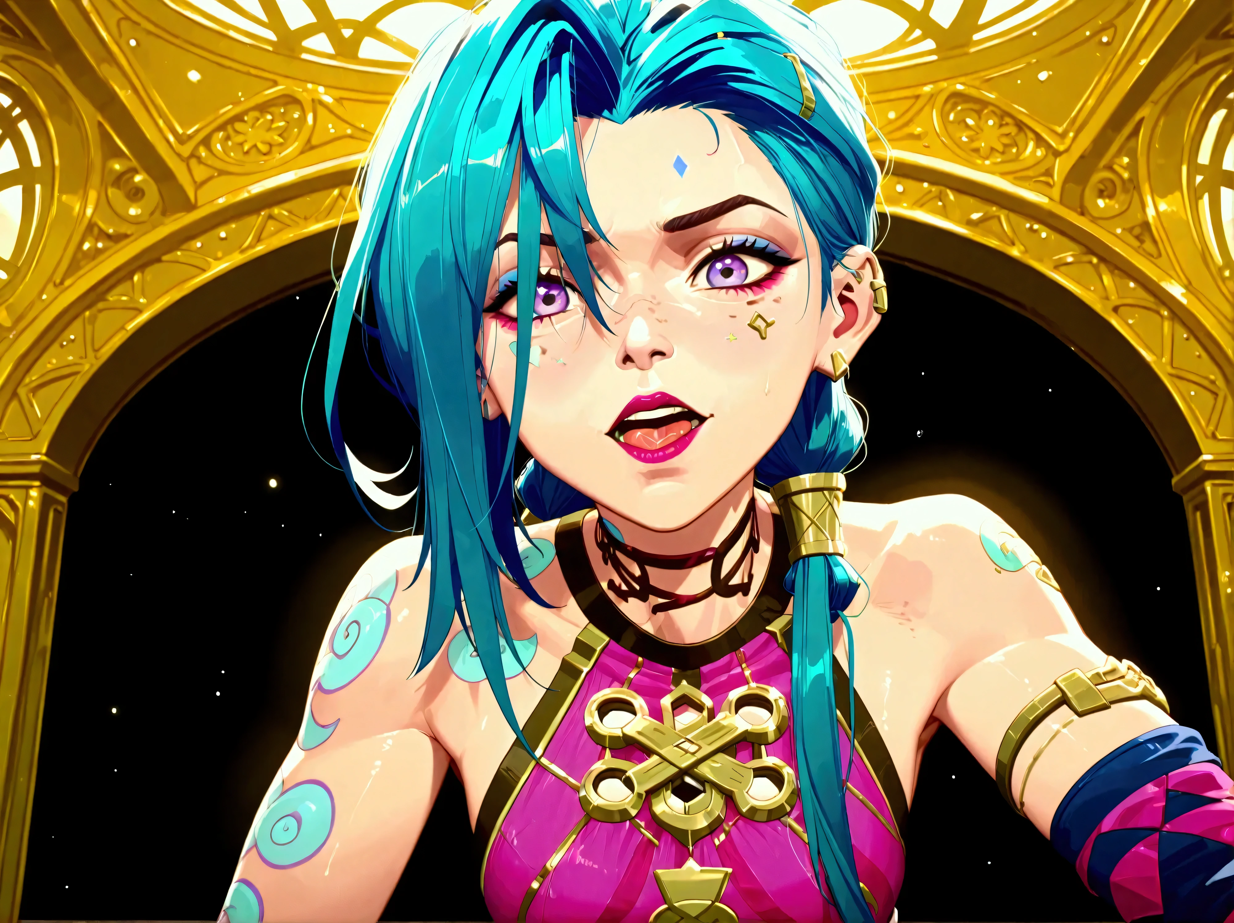 Créez une description créative et ludique d'un personnage inspiré du concept de « Nude Jinx » d'Arcane, une représentation sexy et séduisante tout en mettant l'accent sur ses traits de personnalité, her style and the way she interacts with the world around her . Emphasize her playful nature , her vibrant energy and her unique fashion sense in a light and artistic way.. Make sure the description highlights its role in the story with explicit content.