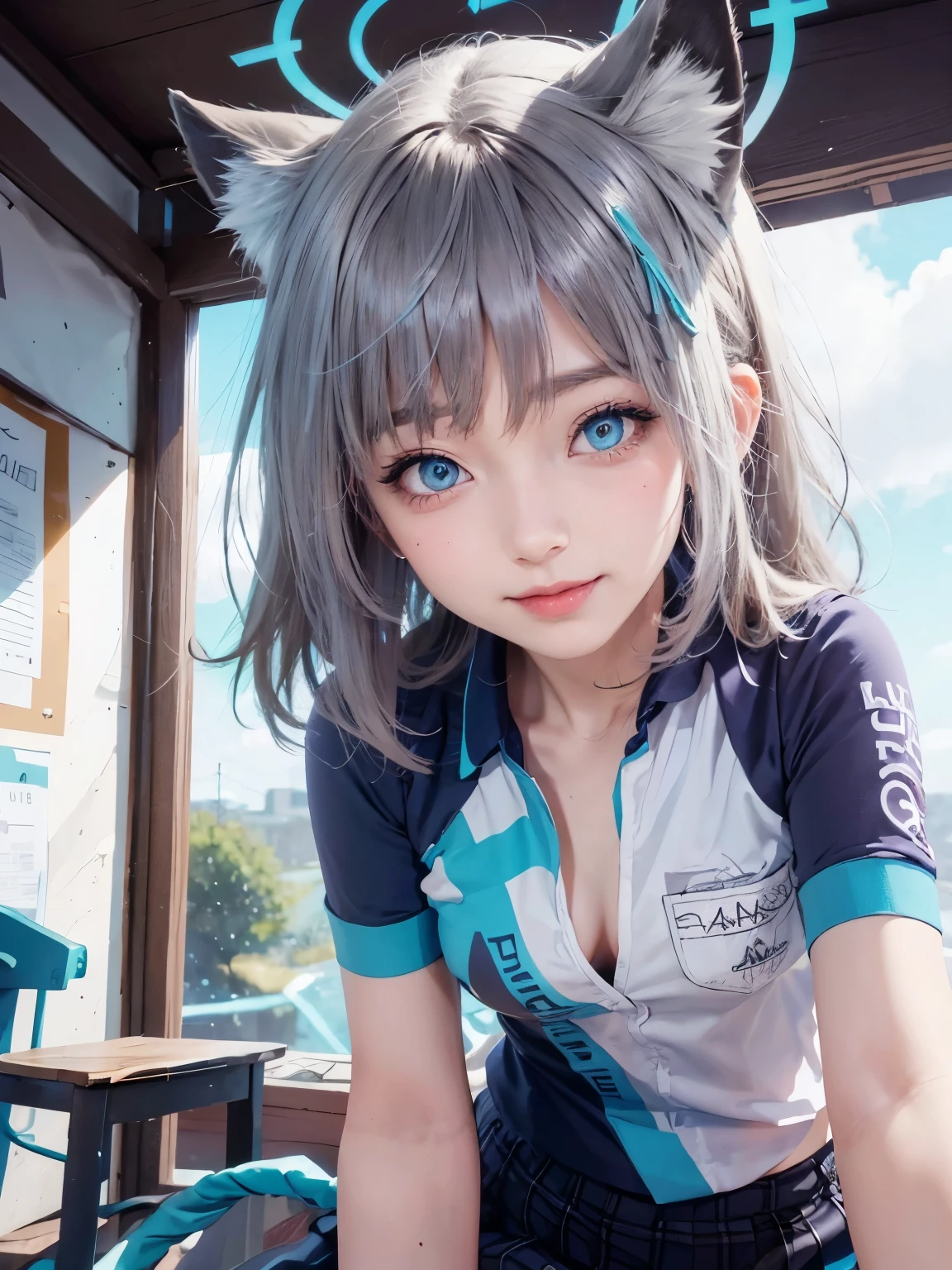 Realistic, Sunaookami Shiroko from Blue Archive, ultra detail, masterpiece, high quality, perfect detail, blue eyes, smile