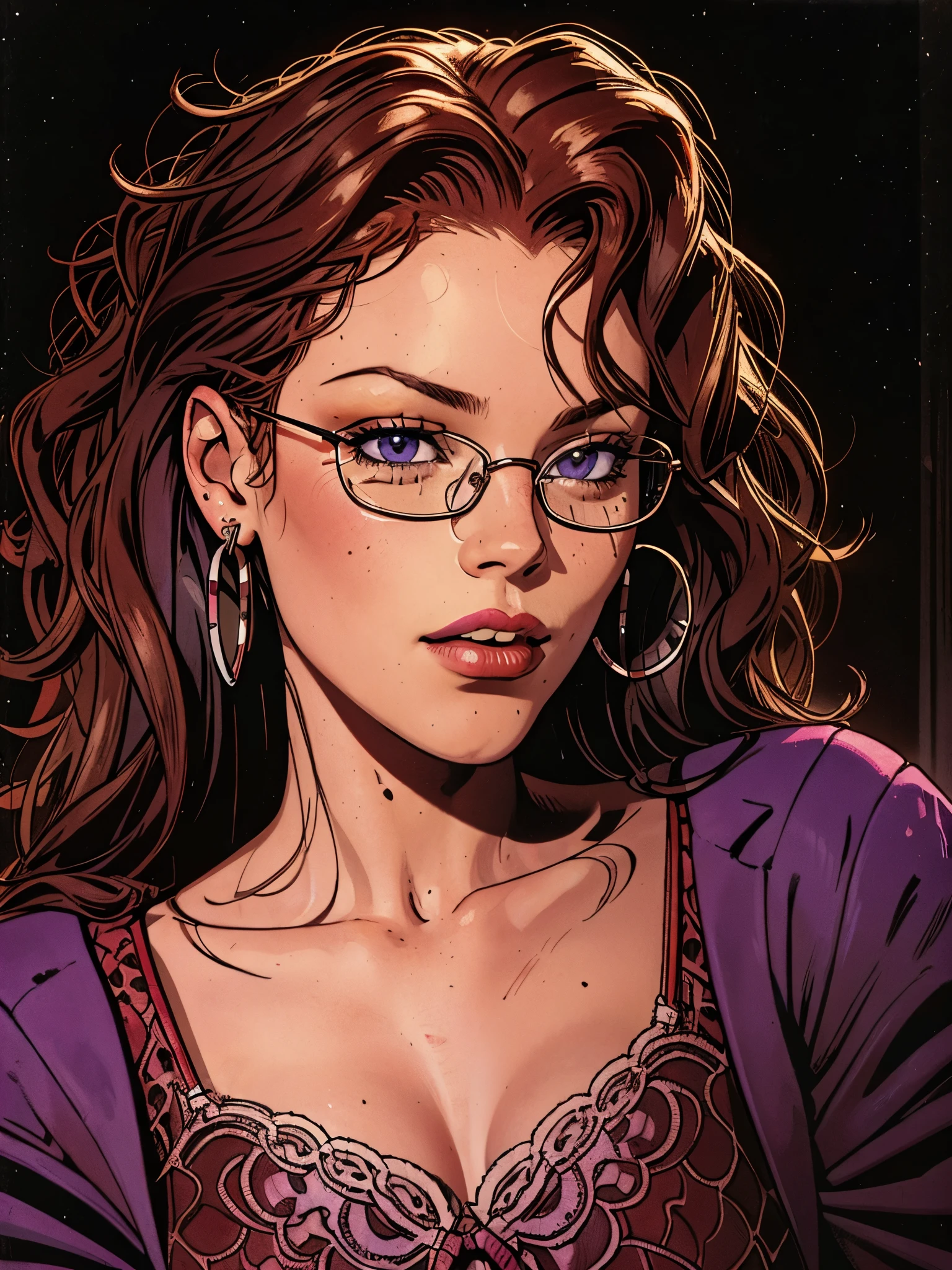Slightly curly hair, rimless glasses, small spots under the corners of the mouth, / note lilac earrings, slightly closed mouth, red lips, surrealism, high detail, strong chiaroscuro, film graininess, panorama, ultra high-definition, precise, textured skin. Fistevens