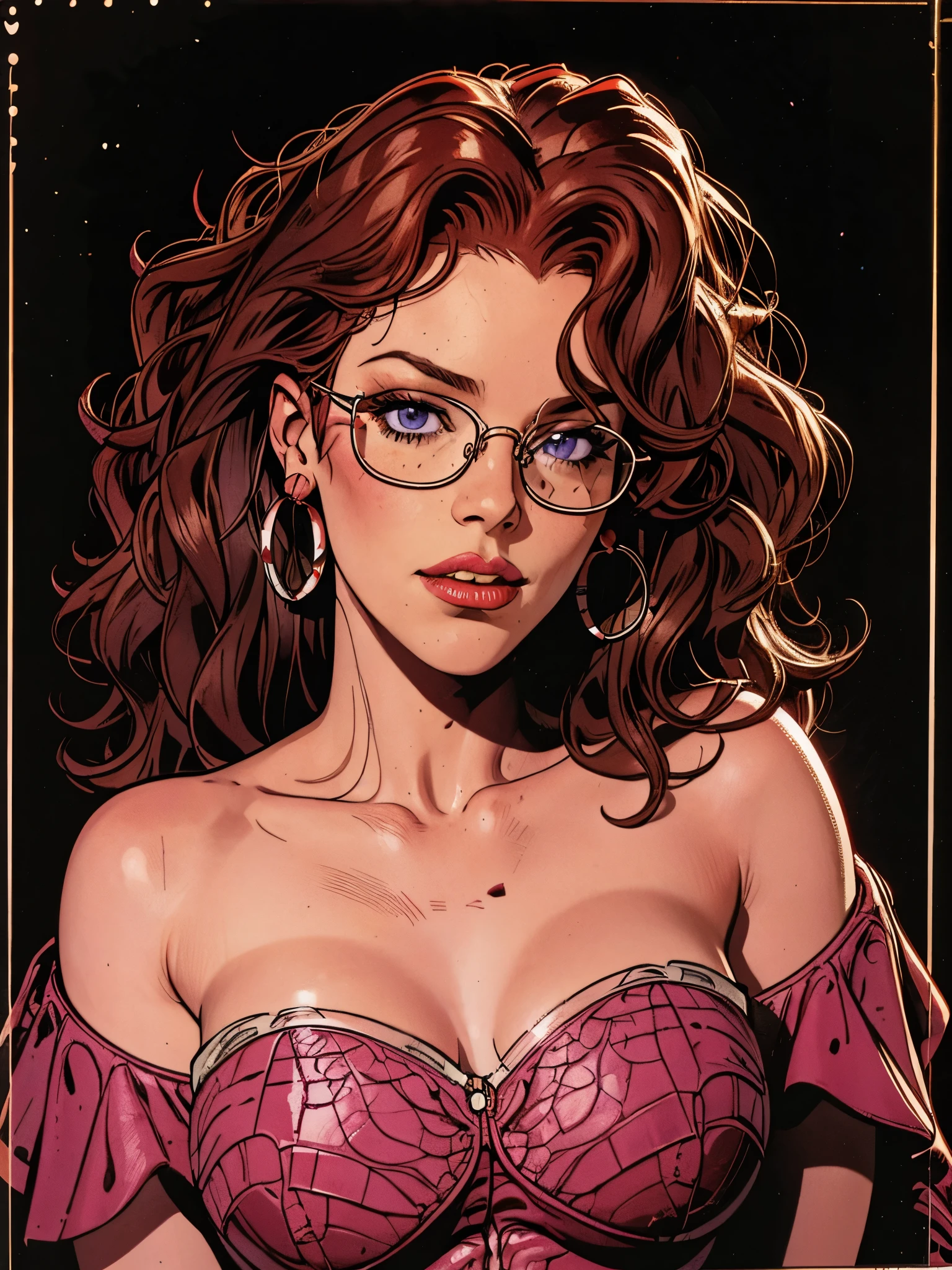 Slightly curly hair, rimless glasses, small spots under the corners of the mouth, / note lilac earrings, slightly closed mouth, red lips, surrealism, high detail, strong chiaroscuro, film graininess, panorama, ultra high-definition, precise, textured skin. Fistevens
