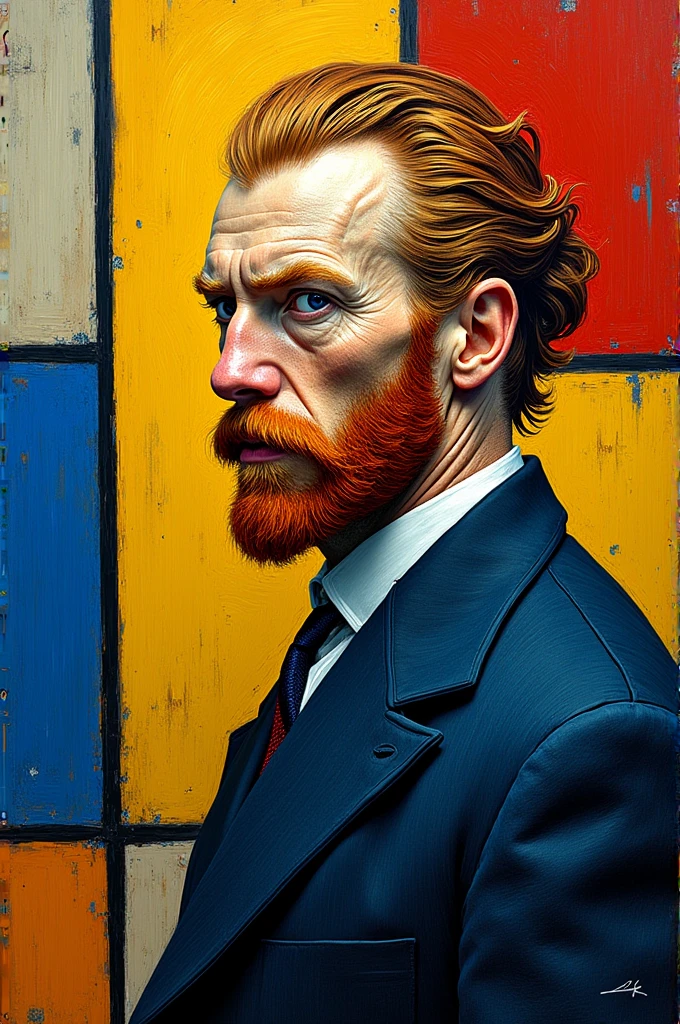 Please create an art picture for me using the styles of Vincent van Gogh and Piet Mondrian