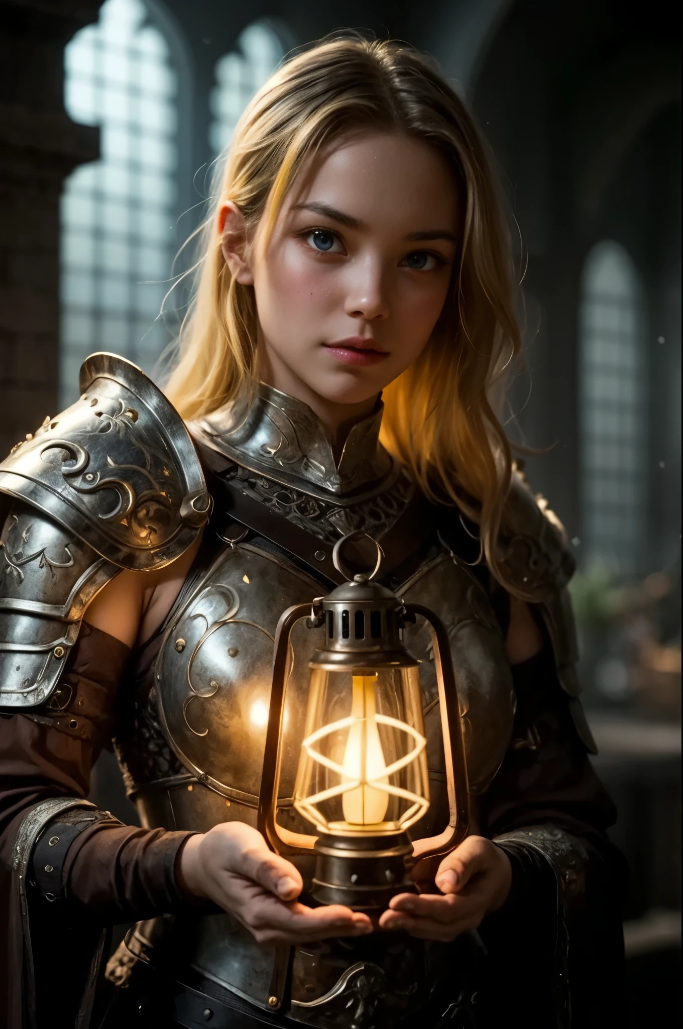 girl, holding a lantern, glowing flower inside a lantern, girl wearing armor, detailed intricate ornate carved armor, yellow hair, looking at viewer, dark ambience light, dramatic contrast color,