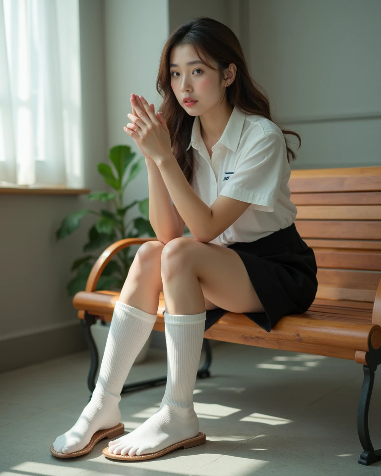 best qualtiy,tmasterpiece,超高分辨率,(realisticlying:1.4),teens girl,Juvenile, Thin and light, Legs crossed