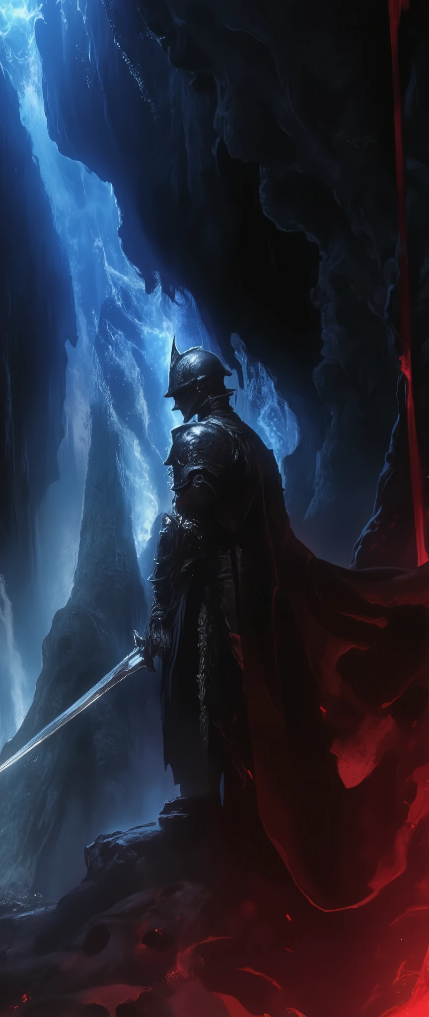  Action RPG , game package design ,( dark soul style :2.0), from the software game ,( Dark Souls Art :2.0), the knight is holding a sword in his left hand , the knight is clasping his right hand, the background is the abyss and light that can shine through , from side,(騎士の from sideのクローズアップ:2.0),Abyss Helmet , Abyss Armor ,The Great Sword of the Abyss ,( Dark Fantasy),( Blue and Red Miasma :2.0)
