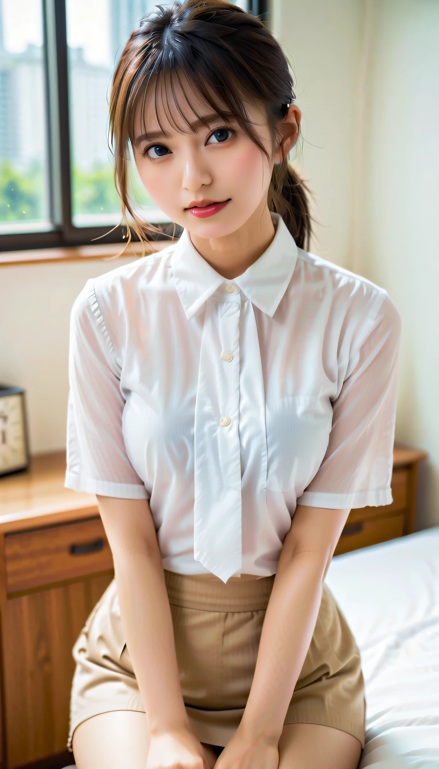 Masterpiece, best quality , 8k, Beautiful Girl , Young Face、Wear a white shirt 、 shirt seen by many men、 with visible cleavage 、 miniskirt、(( big breasted:1.3)), photograph, cute face, thigh, after-school classrooms with fines, embarrassing、smile、 without makeup, 10th Generation, detailed face, Background blur、(((Delicate and detailed figures)))、 constricted、 , thigh, (( raises legs:1.3)), wet, see-through