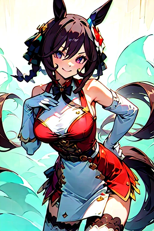 gentildonna,umamusume,1girl, animal ears, solo, purple eyes, horse tail,large breasts,,light smile,best quality,bare shoulders, white gloves, black belt on the , red dress, frills, ribbon, black skirt, thighhighs, white legwear, , hand on own hip, smug,
