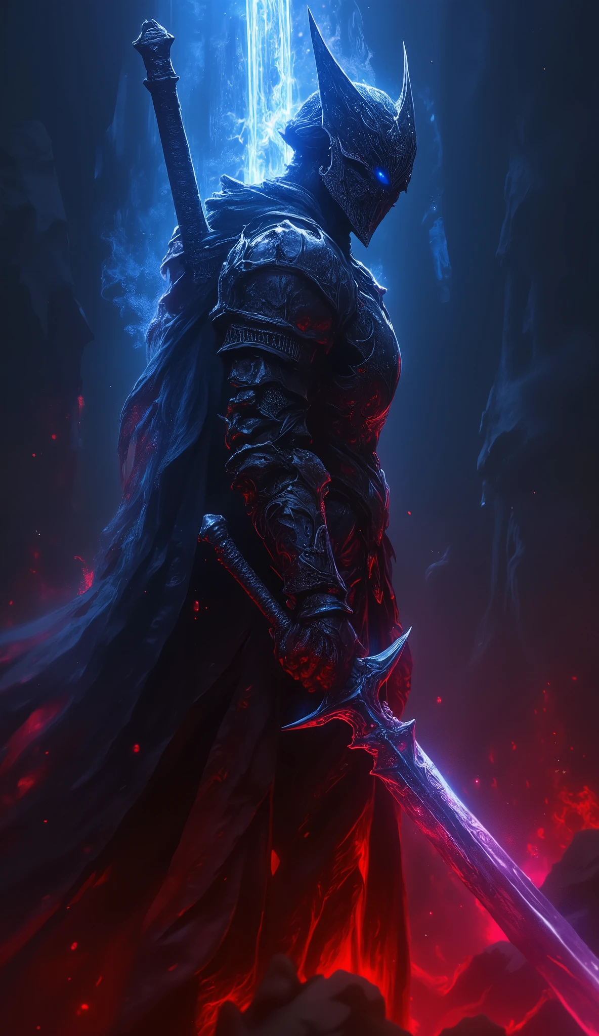  Action RPG , game package design ,( dark soul style :2.0), from the software game ,( Dark Souls Art :2.0), The knight holds a sword in his left hand , The knight clasps his right hand, the background is the abyss and light that can shine through , from side,(騎士の from sideのクローズアップ:2.0),Abyss Helmet , Abyss Armor ,The Great Sword of the Abyss ,( Dark Fantasy),( Blue and Red Miasma :2.0)
