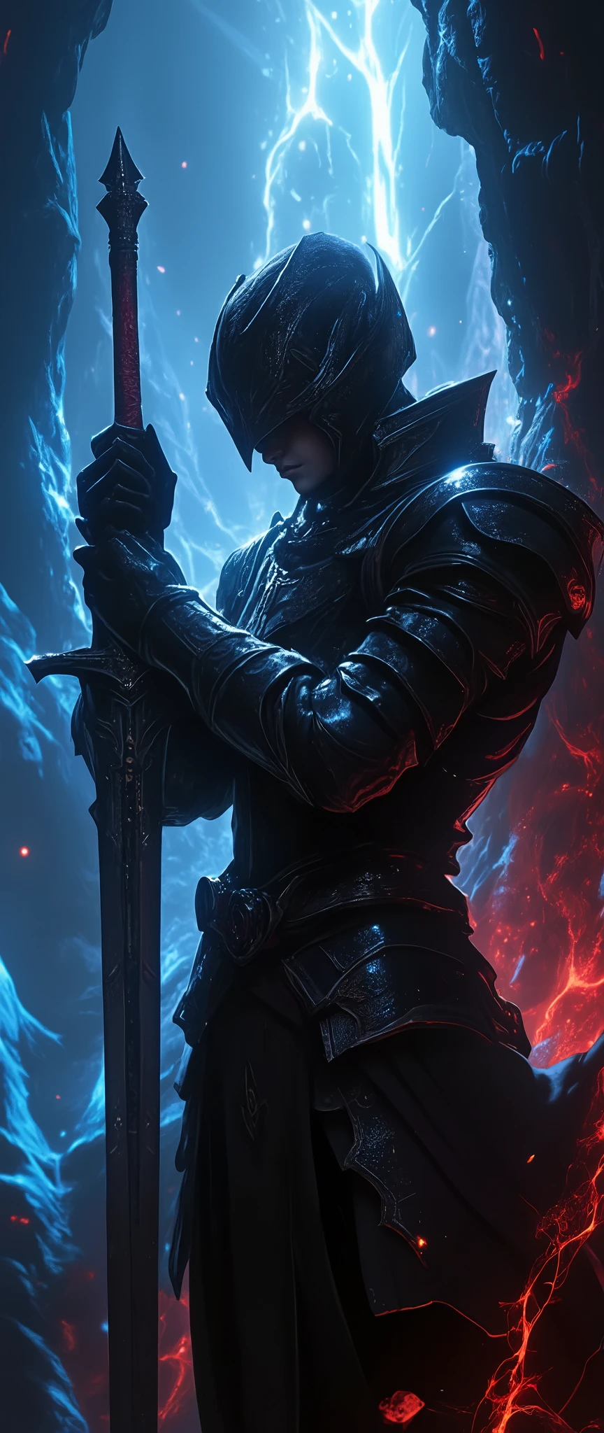 Action RPG , game package design ,( dark soul style :2.0), from the software game ,( Dark Souls Art :2.0), the knight is holding a sword in his left hand , the knight is clasping his right hand, the background is the abyss and light that can shine through , from side,(騎士の from sideのクローズアップ:2.0),Abyss Helmet , Abyss Armor ,The Great Sword of the Abyss ,( Dark Fantasy),( Blue and Red Miasma :2.0)