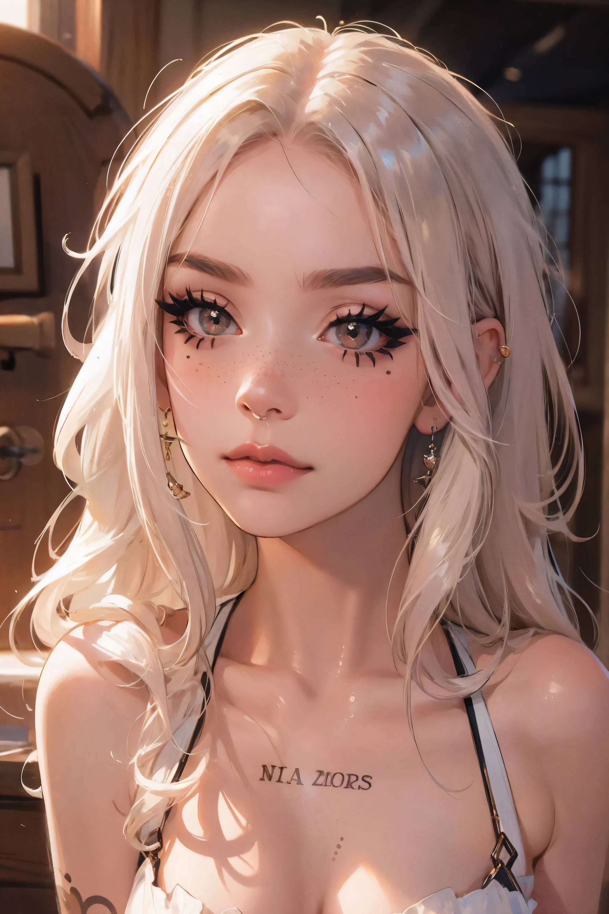24 year old girl, influencer, model, beautiful, mascara, nose blush, freckles, tube top, piercings, tattoos, slender, slim, (realistic, masterpiece)