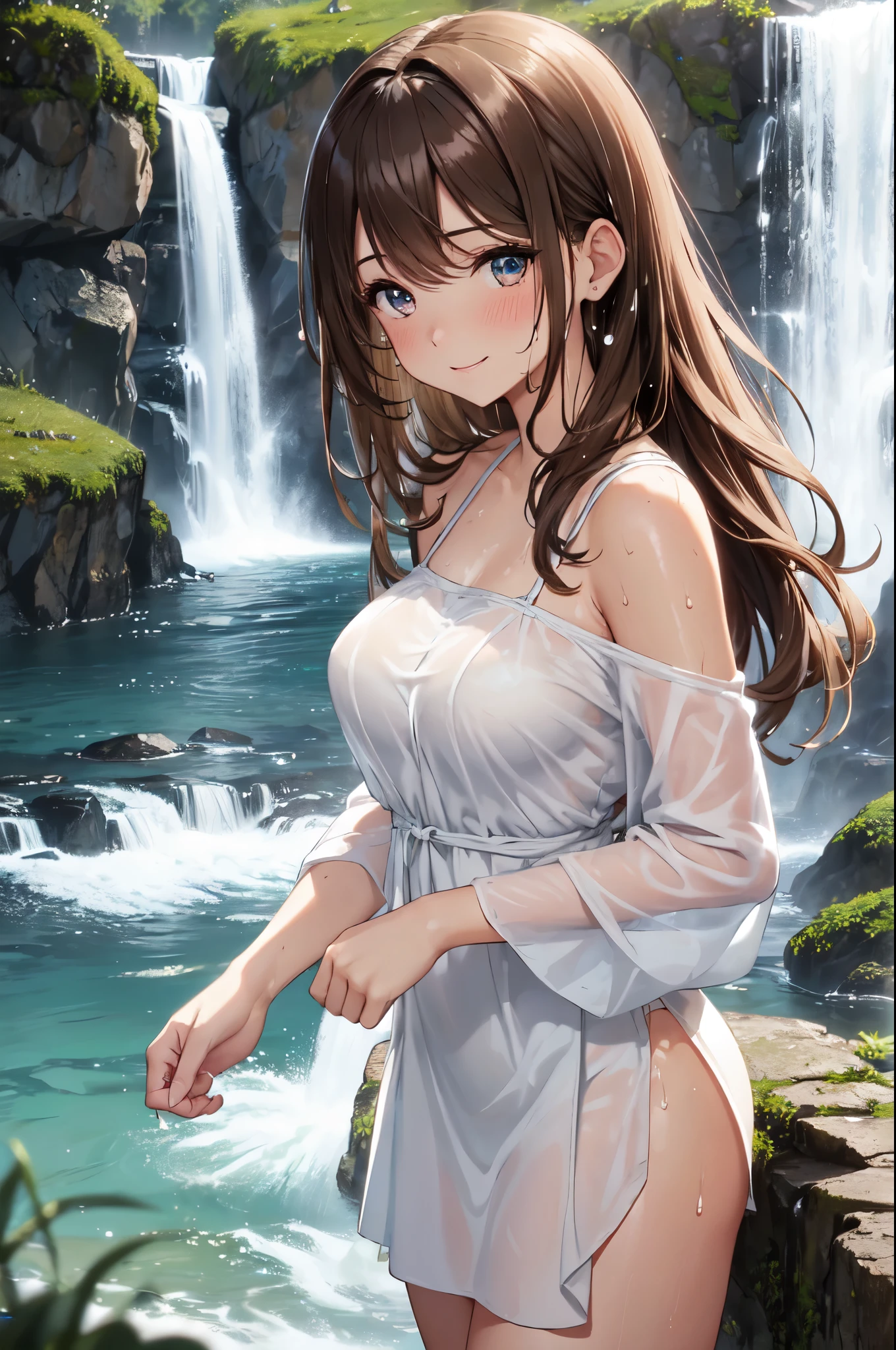 A beautiful 20 years old girl walking in a field of flowers, blue sky with white clouds, artistic fairy costume green mini dress, low-cut and sleeveless dress, crystal high heels, defined hands and legs, full body, looks like a sexy model, a pair of translucent wings, butterflies around, big rounds breasts, cleavage, high heels, dark brown hair, long hair, wavy hair, long bangs, expressive hair, shiny hair, hairclip, hairband, leaf hair ornament, aqua eyes, glowing eyes, pupils sparkling, blush, glossy lips, crystal earrings, pointy ears, smile, fingersmile, seductive smile, naughty face, Color Field painting, high detail, anime, dithering, image fill, first-person view, wide shot, from above, perspective, Wide-Angle, f/1.8, 85mm, Sony FE GM, 8k, 8k wallpaper, super detail, highly detailed CG, UHD, retina, masterpiece, accurate, anatomically correct, textured skin, highres, best quality:1.3, 16k