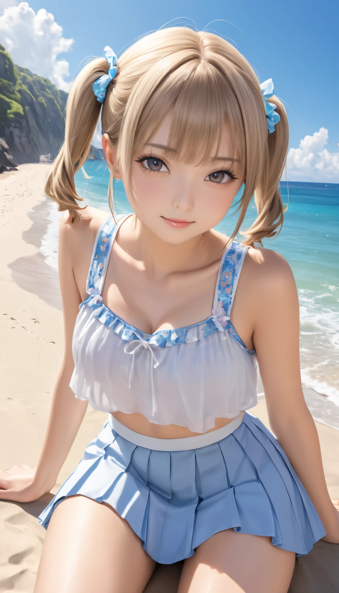 Anime girl sitting on the beach with her legs crossed - SeaArt AI