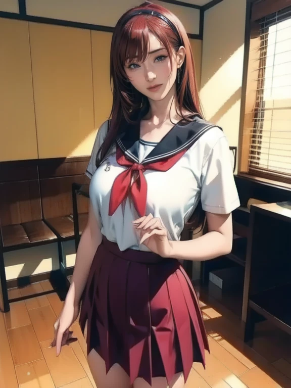 (masterpiece, best quality, cinematic, photorealistic, ultra-detailed), (1girl, Japanese student), thicc, (medium shot, from below:1.5), (smart-looking girl wearing white short-sleeved blouse with a sailor-style collar and a ribbon tie:1.4), (navy blue pleated skirt that falls just above the knees:1.4), (bloody red hair, long wavy hair:1.2), perfect hands, perfect face, (bursting breasts, large chest:1.4), (seductive pose:1.2), (black eyes, soft and shimmery eyeshadows, detailed pupils, defined eyelashes), (blushing, slightly parted lips, fluffy lips, red lips:1.2), (gradient background:1.2), (looking at the viewer, chin up:1.4), (standing, sensual pose:1.4), burning hot chic, (sitting crossed legs)