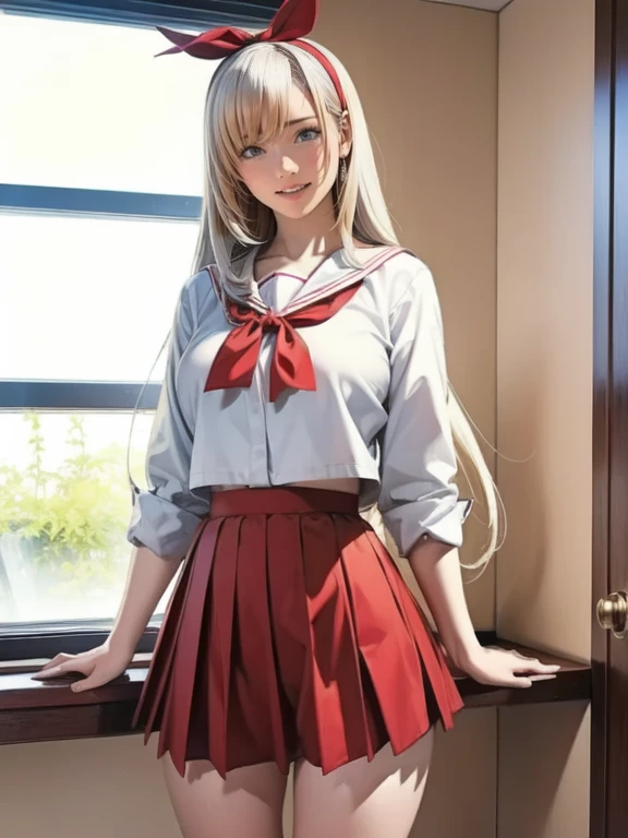 schoolgirls,Single horsetail,Red and white school uniform top,Short white dress,White silk and white socks,white panties