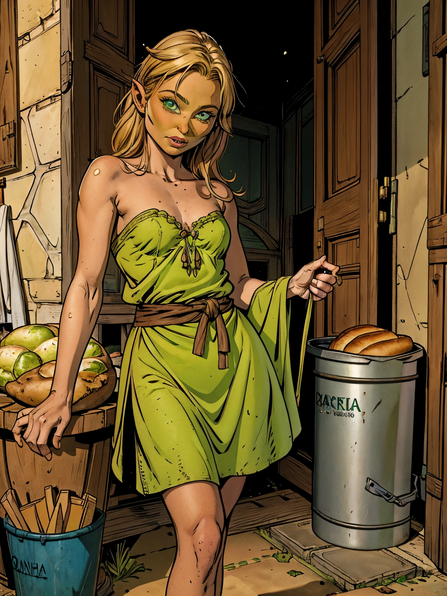 A small green goblin female,orelha de Goblin,olhos redondos amarelos, thin lips,rosto Redondo,seios pequenos, wearing tunic from the middle ages, baixinha 1.50m,beautiful woman holding a moldy bread, scenery facing a full trash can behind a house,parisdiam0nd 