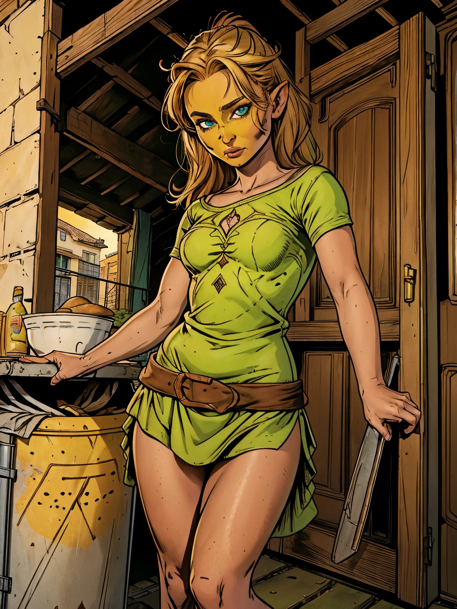 A small green goblin female,orelha de Goblin,olhos redondos amarelos, thin lips,rosto Redondo,seios pequenos, wearing tunic from the middle ages, baixinha 1.50m,beautiful woman holding a moldy bread, scenery facing a full trash can behind a house,parisdiam0nd 