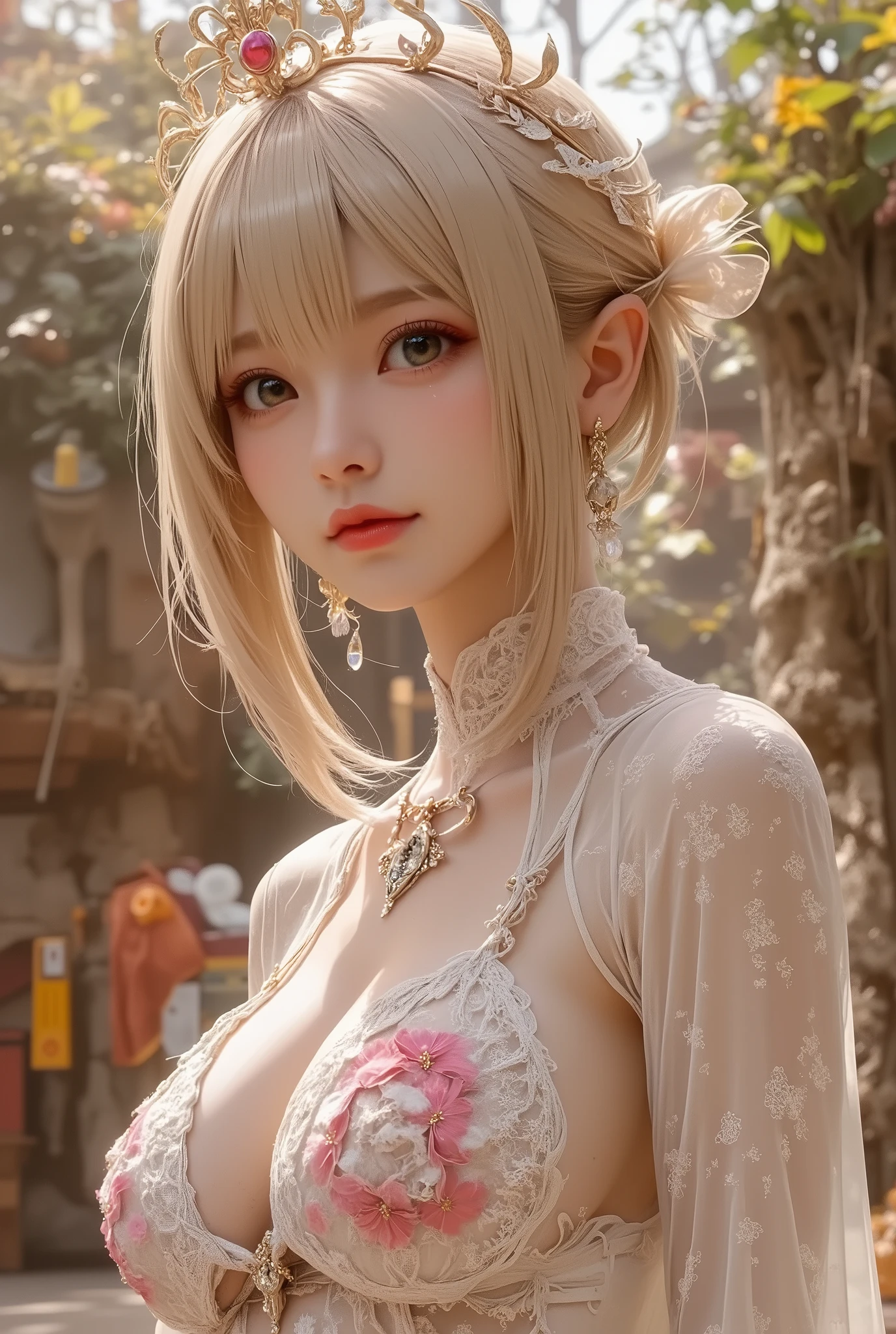 ((((Masterpiece, best quality , high resolution)))), Extremely Detailed 8K , Sexy Beautiful Japanese Girl with Slim Body, (, Ultra Details, very detailed on trends, Ultra-realistic , Ultra-realistic , Photos), ( 1 Girl:1.5), Blonde, small flies , ( dynamic pose ), camera that looks like raw milk, A faint smile, (huge breasts: 1.2), ( beautiful detailed faces, beautiful eyes in every detail ), Anatomically correct hand structure, anatomically accurate finger structure ,( topless, Full Naked Body , White long lace cape, golden royal crest , no underwear:1.5), ( gorgeous flower body paint :1.5), Shine, sweat, (sunlight, sunlight from before ),( topless), Sexy long legs, naked, Exposed Chest , sexy, blanking, looking up at the sky, ( lying on her back , Wide々The Royal Garden:1.3), Ultra-realistic Wide大な風景, Photogenic Scenery , can see their whole body , Light on face, view from behind