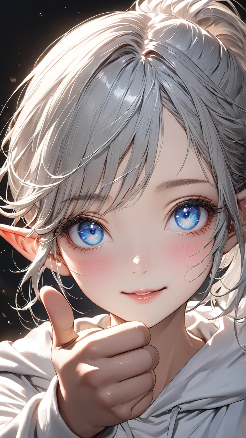 (masterpiece, top quality, super high quality), beautiful starry sky background, one, beautiful elf woman, kind-hearted queen, (slender), (slender), (small breasts), platinum blonde short hair, gradient hair, (heterochromia), beautiful detail eyes, pale orange, pale purple, white, white halter neck, whitish clothes, bust shot, smile that wants to protect