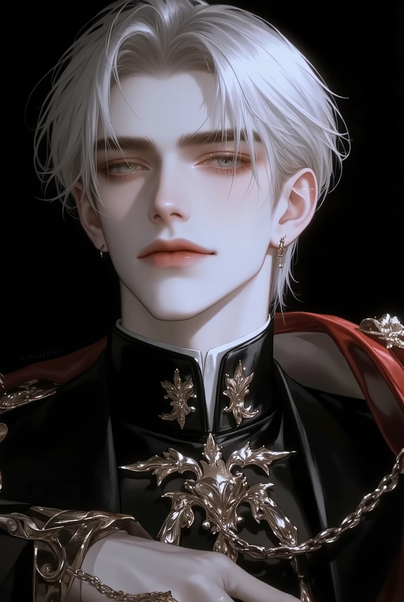 score_9,score_8_up,score_7_up,solo,looking at viewer,bangs,short hair,white hair,1boy,hair center part,royal uniform,male focus,earring,portrait,restrained,bound,bdsm,object insertion,sex machine,deep shadows,nsfw,uncensored,nsfw,simple black background, red eyes,smile