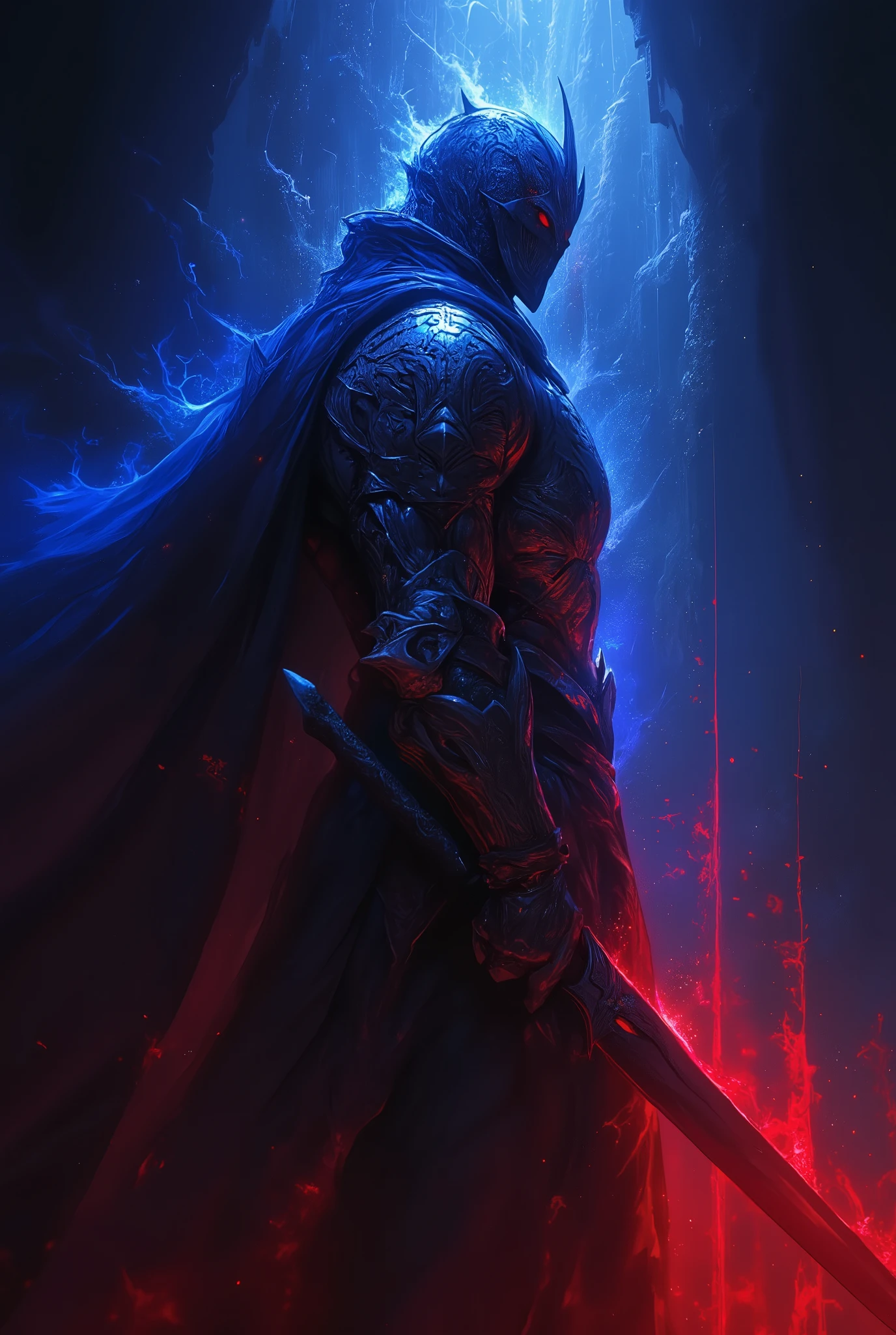 Action RPG , game package design ,( dark soul style :2.0), from the software game ,( Dark Souls Art :2.0), the knight is holding a sword in his left hand , the knight is clasping his right hand, the background is the abyss and light that can shine through , from side,(騎士の from sideのクローズアップ:2.0),Abyss Helmet , Abyss Armor ,The Great Sword of the Abyss ,( Dark Fantasy),( Blue and Red Miasma :2.0)