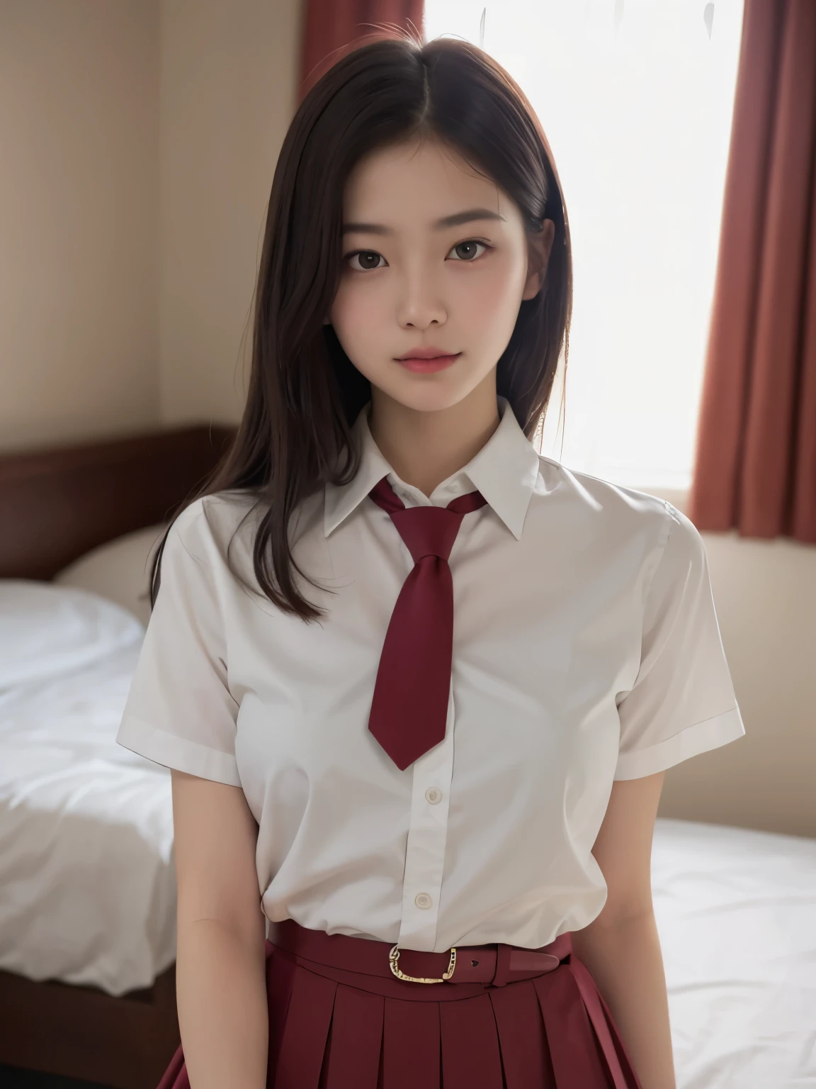 best qualtiy, 超高分辨率, (realisticlying:1.4), 1girll,Pretty woman with slender figure:1.4,18 female high school students are sexy,White skin,二重まぶた,Delicate eyes,white short blouse,pink necktie,Pink pleated skirt,Over the knee black silk,Being in the room,sitting on a white bed,Fascinating expectations,Brunette half front half,Half in the back,Pose on the bed in a short skirt and shirt,JK school uniform,short- sleeved,tiedshirt