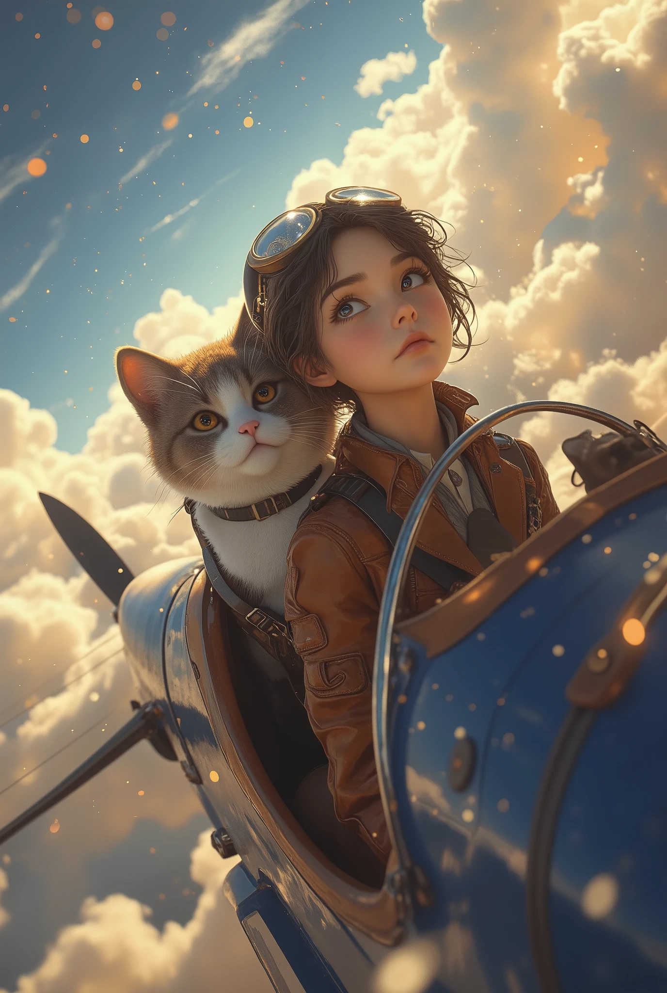 ghibli, 紅の豚, best quality , best quality , 16k, software, Looking Upwards with an Incredibly Dumb , very detailed, delicate and dynamic , natural light, particles reflect light beautifully , Diffuse reflection of light, vortex of light , Aerial, Biplane, Cumulonimbus, , create amazing image effects, body on the average, Biplane, (Cute cat, ,,Serious,, Biplaneのパイロット, leather jacket ,, sits in the cockpit, Puppy pilots Biplane)