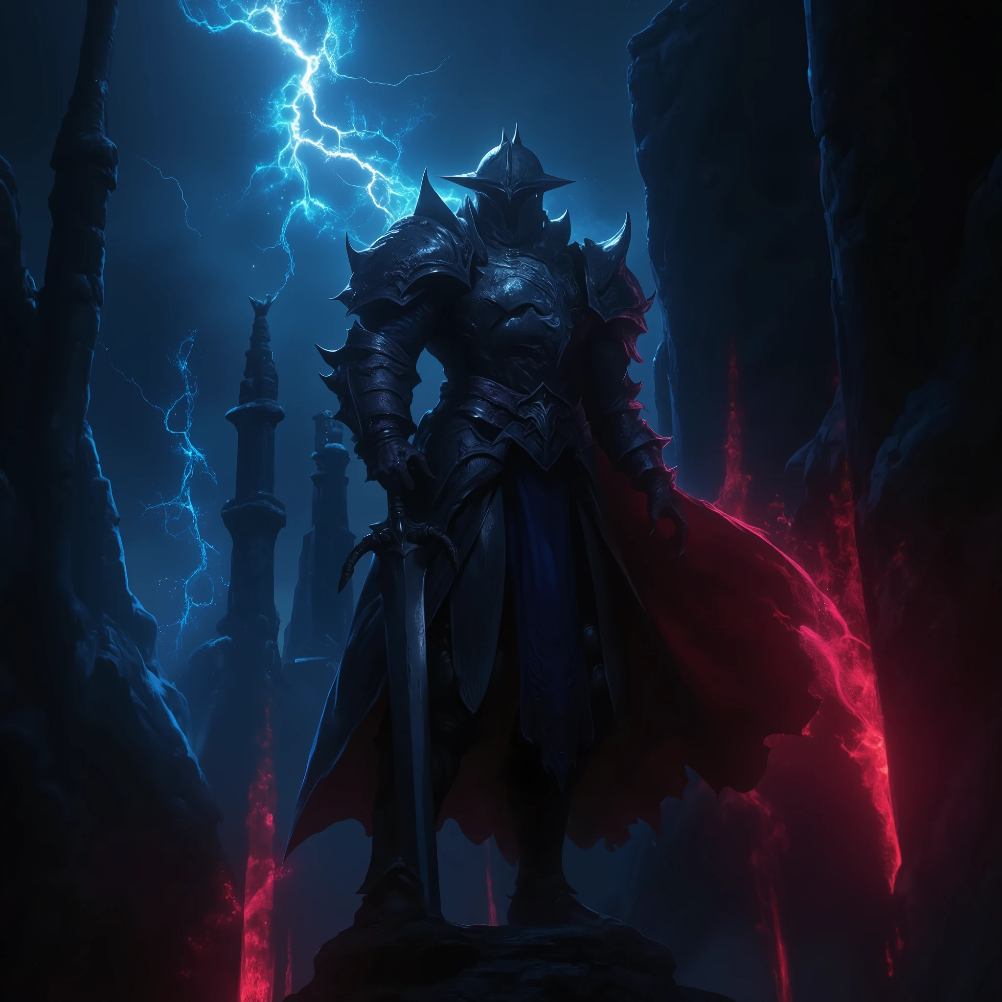 Action RPG , game package design ,( dark soul style :2.0), from the software game ,( Dark Souls Art :2.0), the knight is holding a sword in his left hand , the knight is clasping his right hand, the background is the abyss and light that can shine through , from side,(騎士の from sideのクローズアップ:2.0),Abyss Helmet , Abyss Armor ,The Great Sword of the Abyss ,( Dark Fantasy),( Blue and Red Miasma :2.0)