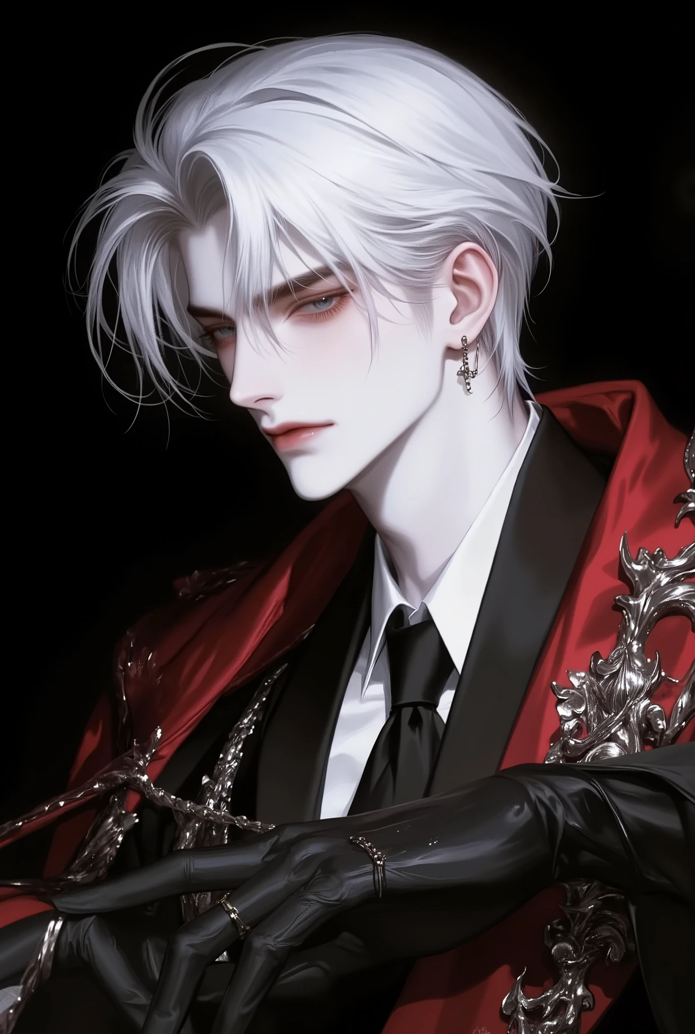 score_9,score_8_up,score_7_up,solo,looking at viewer,bangs,short hair,white hair,1boy,hair center part,royal uniform,male focus,earring,portrait,restrained,bound,bdsm,object insertion,sex machine,deep shadows,nsfw,uncensored,nsfw,simple black background, clear red eyes