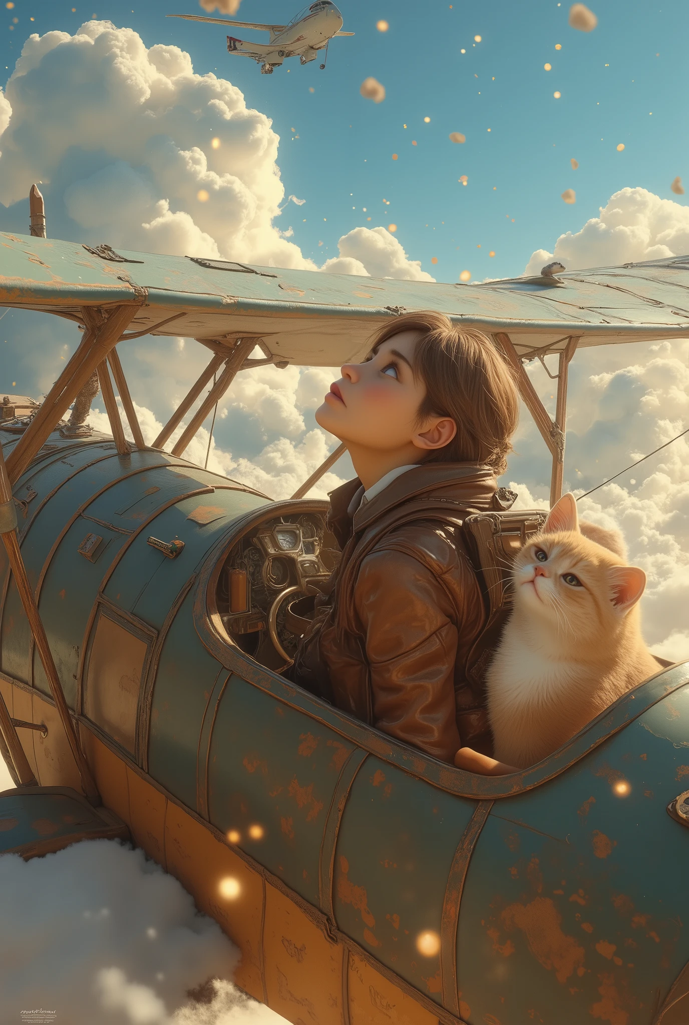 ghibli, 紅の豚, best quality , best quality , 16k, software, Looking Upwards with an Incredibly Dumb , very detailed, delicate and dynamic , natural light, particles reflect light beautifully , Diffuse reflection of light, vortex of light , Aerial, Biplane, Cumulonimbus, , create amazing image effects, body on the average, Biplane, (Cute cat, ,,Serious,, Biplaneのパイロット, leather jacket ,, sits in the cockpit, Puppy pilots Biplane)