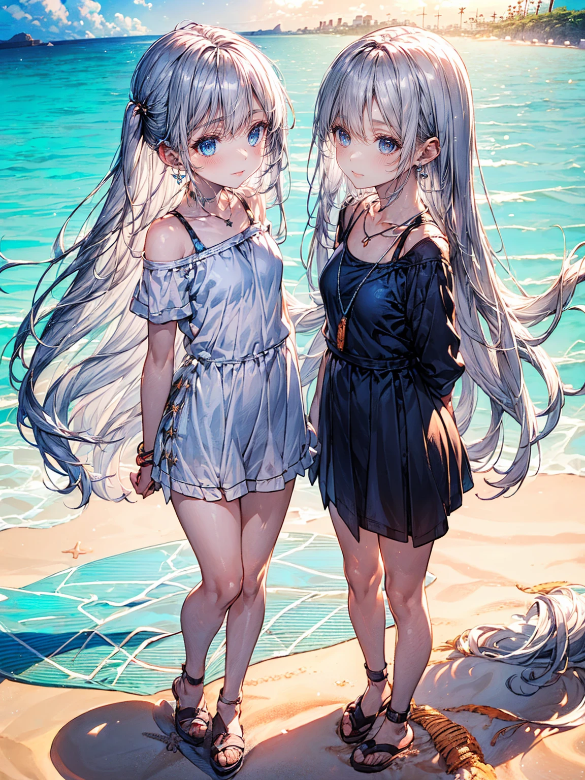 highest quality, masterpiece, , ,short, Huge breasts, Gray Hair,Low twin tails, Purple eyes, Yukinecris, Thin twin tails,, Beach, Ocean, White Dress, White Skirt, White dress, Straw hat, (((shy))), (Happy), Leaning forward, summer, From above, Reaching out, smile,