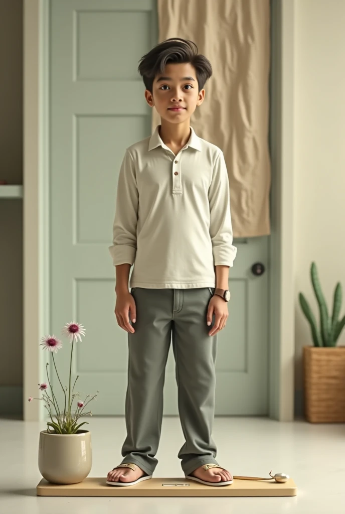 A boy wearing greyish green colour pants with dark blue shirt