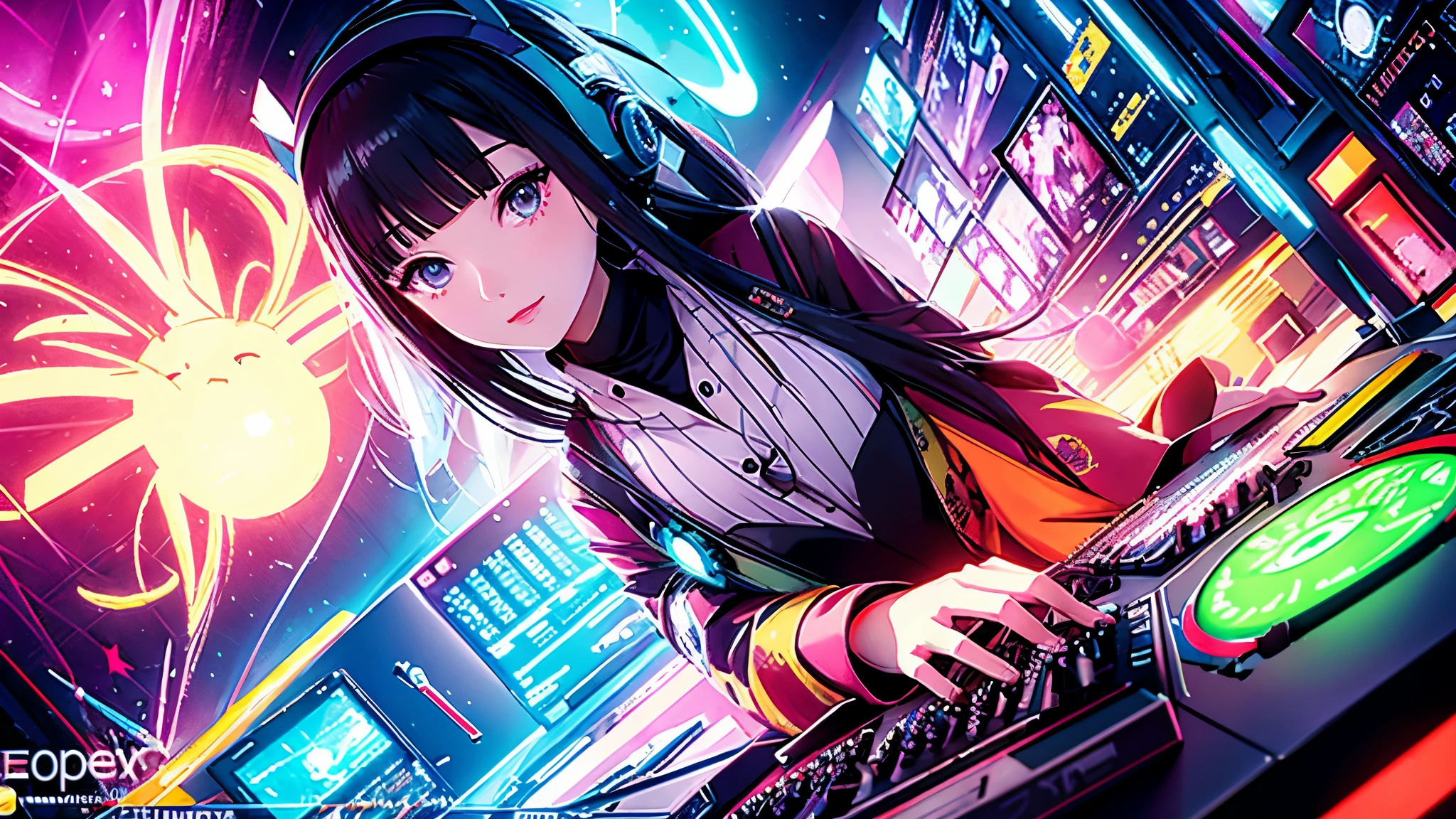 Hinata Hyuga from Naruto, word AW, Hijab, (masterpiece、top quality、8 thousand )、Birdview、overhead camera work、Slender animation sitting at weapon table on laptop with colorful head and headphones, Biology,Lightning, neon glow, beauty, futuristic modern, Rockstar, lock, urgent, Perfect, epicd, bright colors, volume lighting, best shadow, shallow depth of field, (top quality의, amazing detail: 1,25), colorful colorful illustration, fancy, Magic, flicker, glare, neon garland,intricate details,very detailed、a woman、Full of laughter 、(Live Stage:1.3),(Turntable、mixer、sampling machine、Rhythm Box、mixer,synthesizer、monitor:1.2),stage live background、spotlight from behind、surreal,Perfect Anatomy