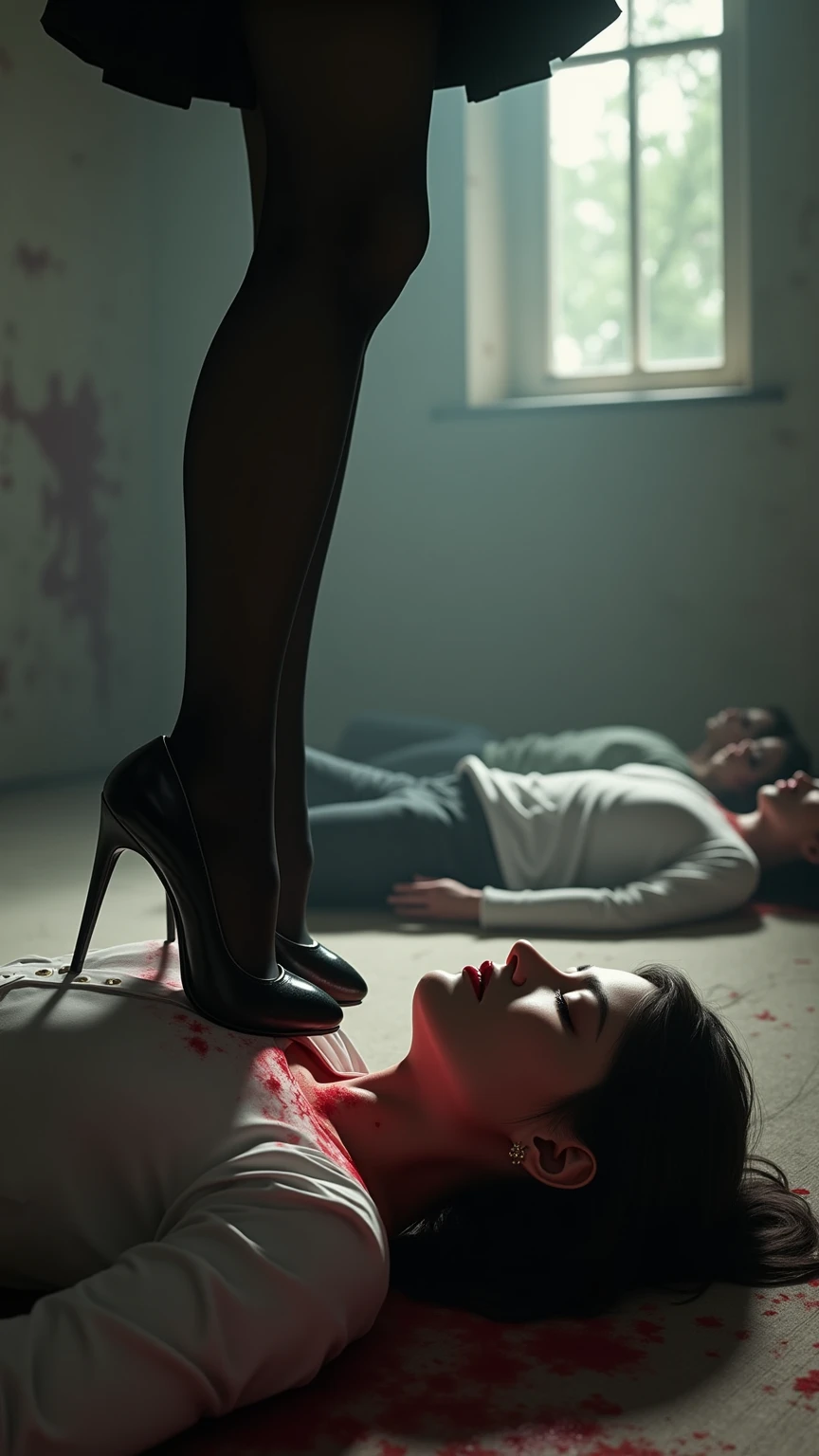 ((best quality)), ((masterpiece)), (detailed), 2 girls are standing directly upon a dying man who is laying on the floor, real photo, 8k, crushed underfoot, ((((high heels are stabbed several inches through skin causing bleeding, killing him)))) black thigh highs, daylight, bright room, hyperrealism